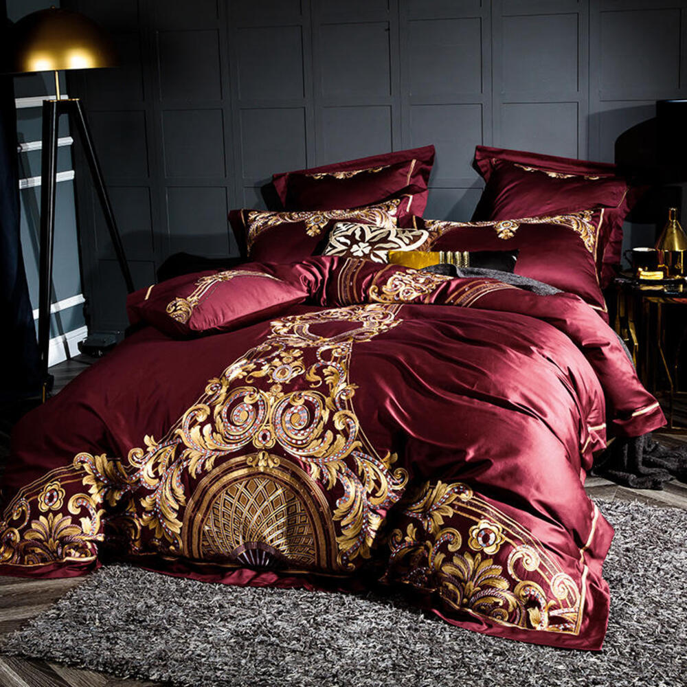 Lezkira Burgundy Red Embroidery Luxury Egyptian Cotton Duvet Cover