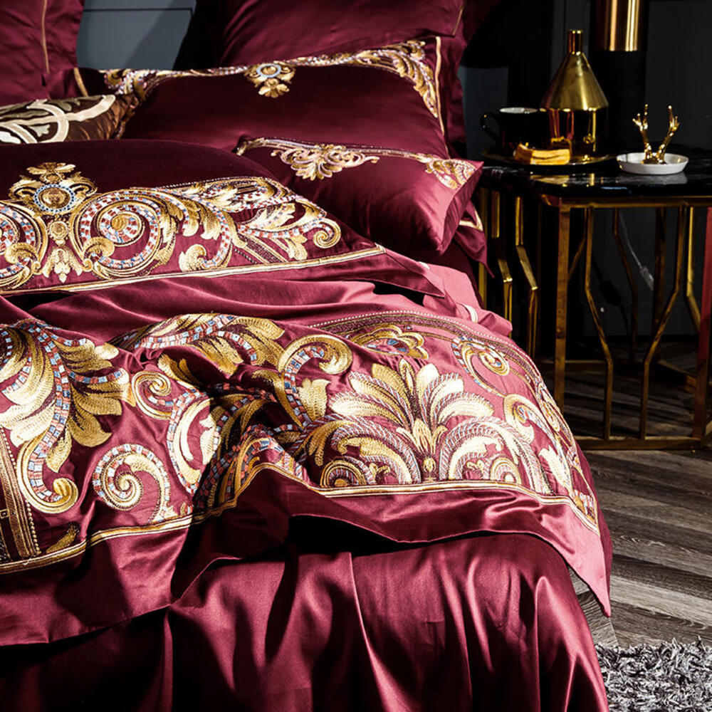 Lezkira Burgundy Red Embroidery Luxury Egyptian Cotton Duvet Cover