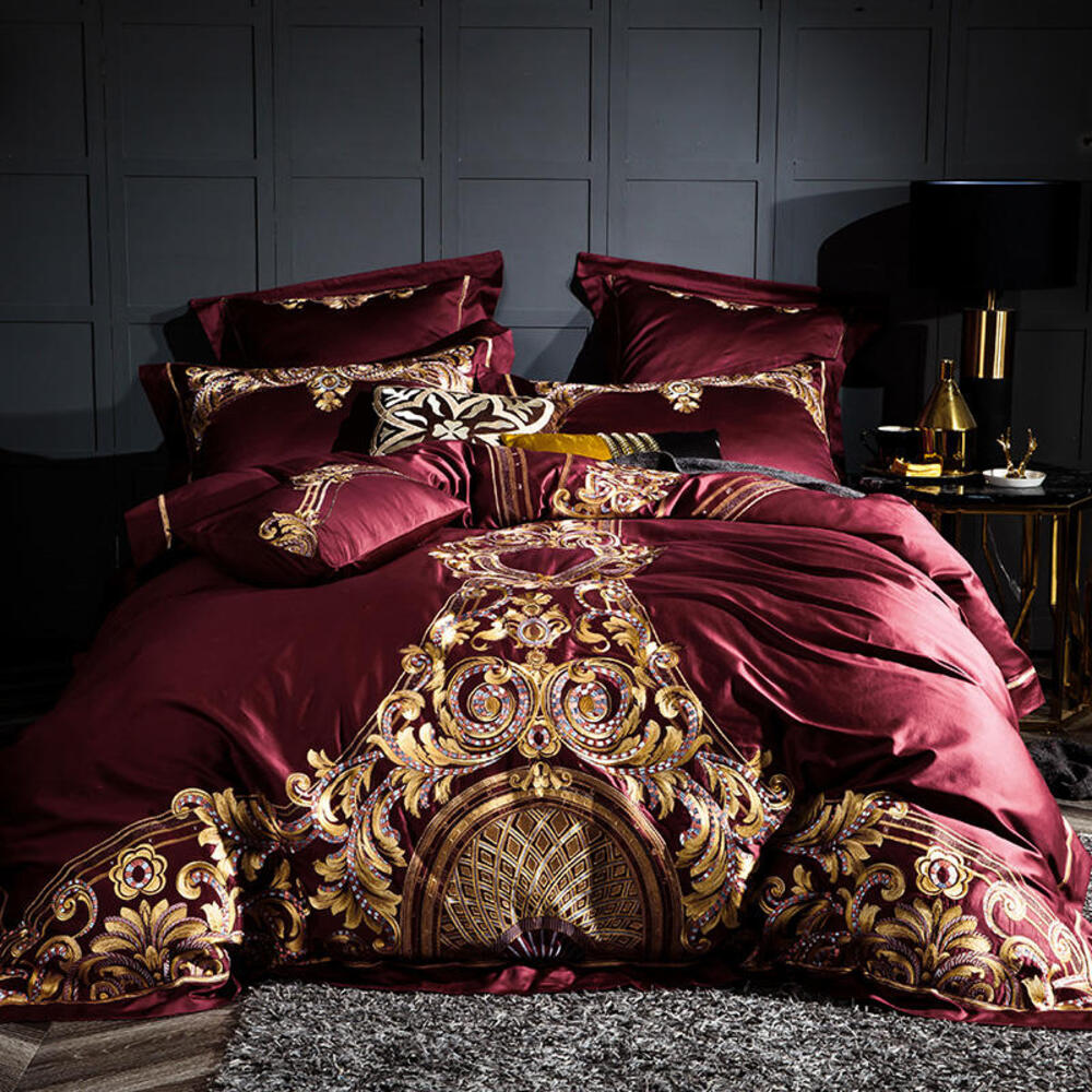 Lezkira Burgundy Red Embroidery Luxury Egyptian Cotton Duvet Cover