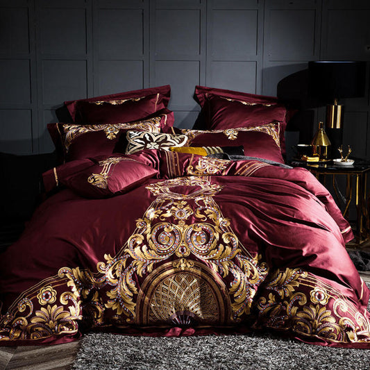 Lezkira Burgundy Red Embroidery Luxury Egyptian Cotton Duvet Cover