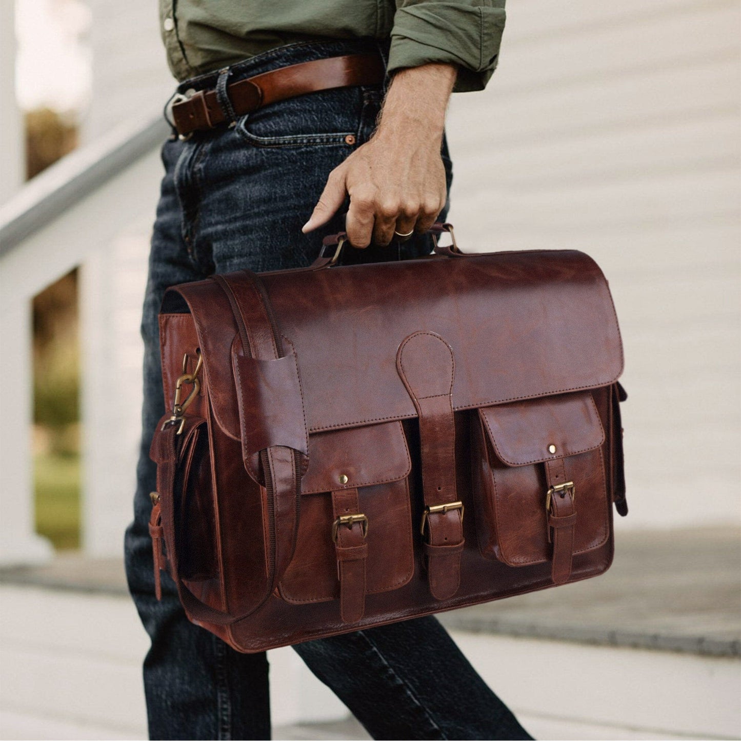 The Men's Distressed Buffalo Leather Messenger Bag