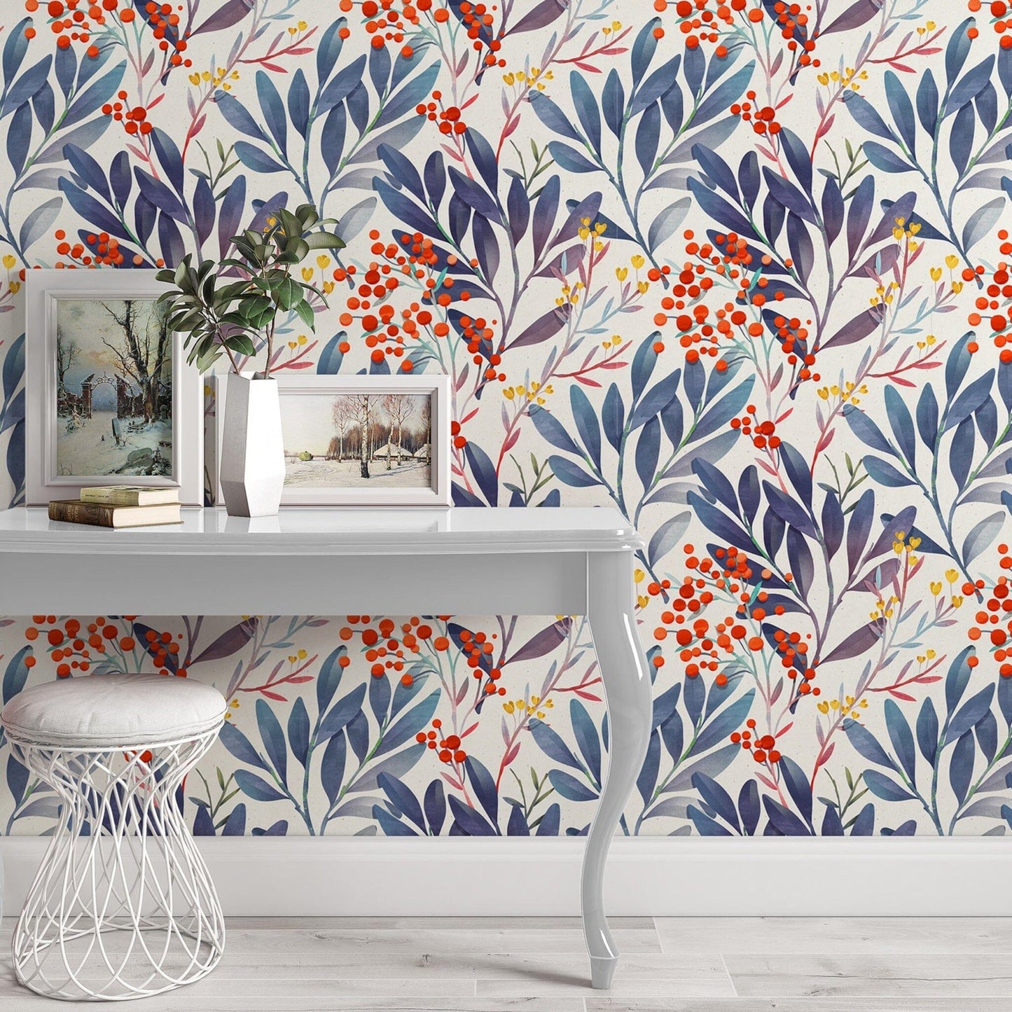 Berries and Blue Leaves Wallpaper