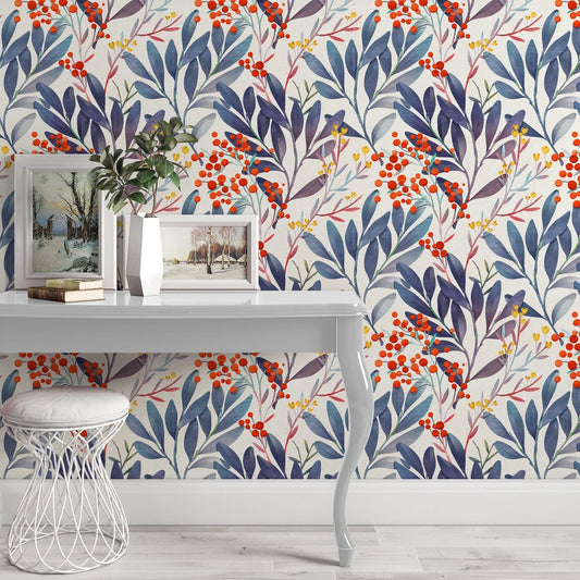 Berries and Blue Leaves Wallpaper