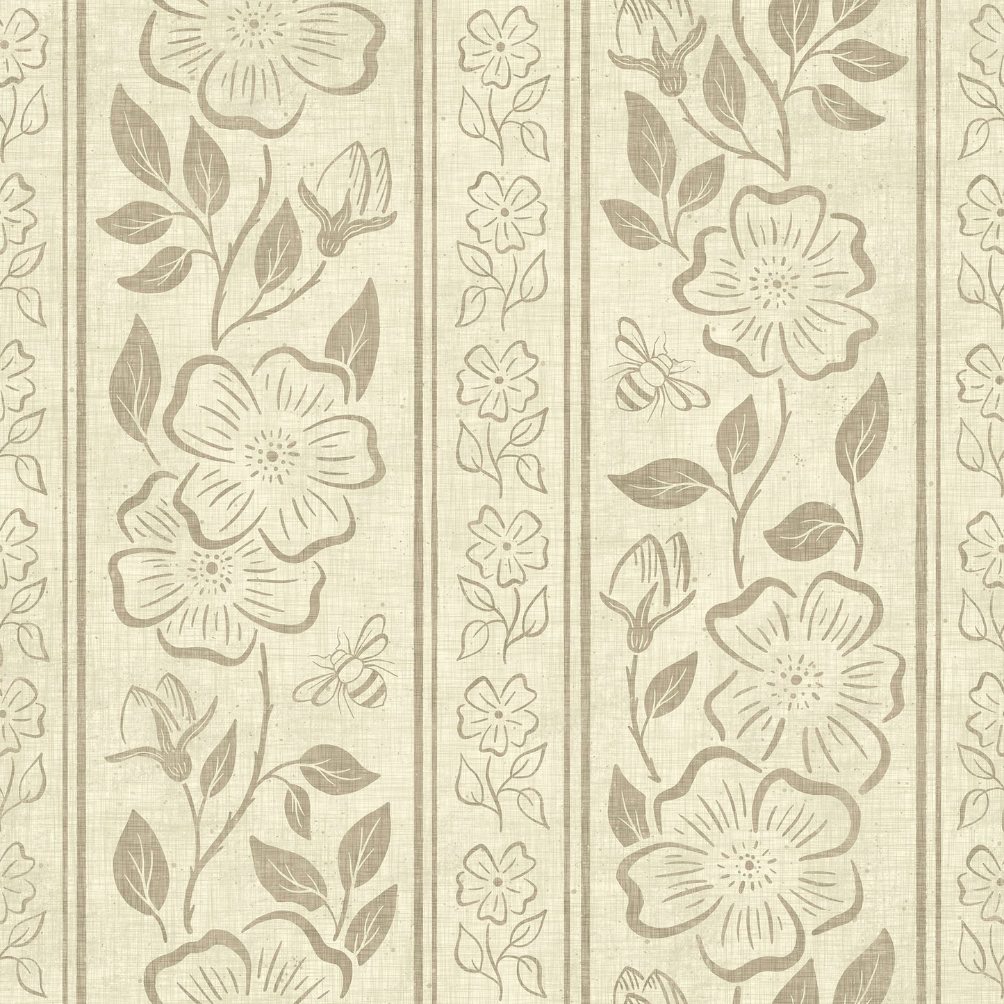 Linen Block Print Floral Stripe - Vintage Inspired Botanical Wallpaper