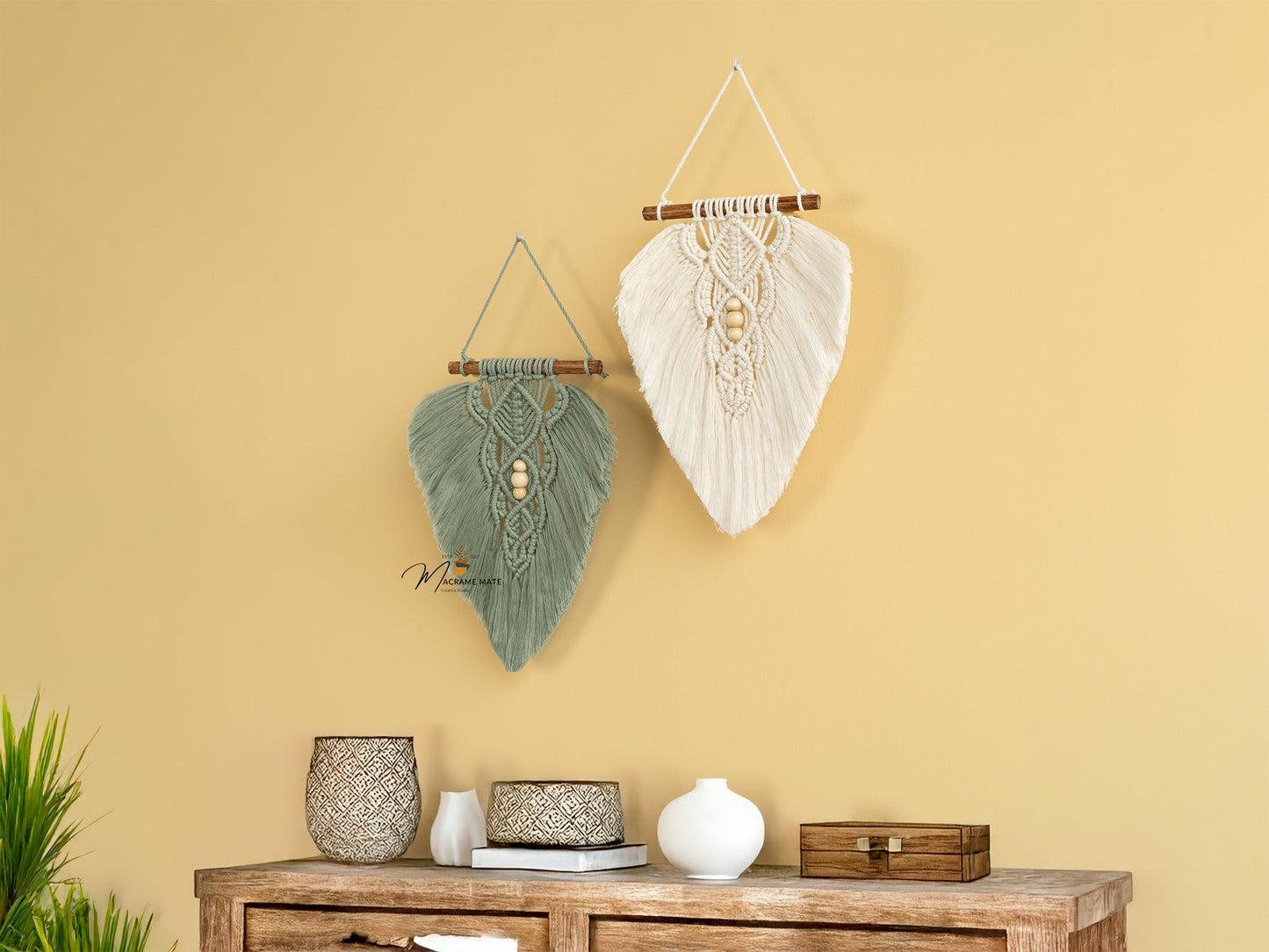 Rustic Green Natural Macrame Leaves