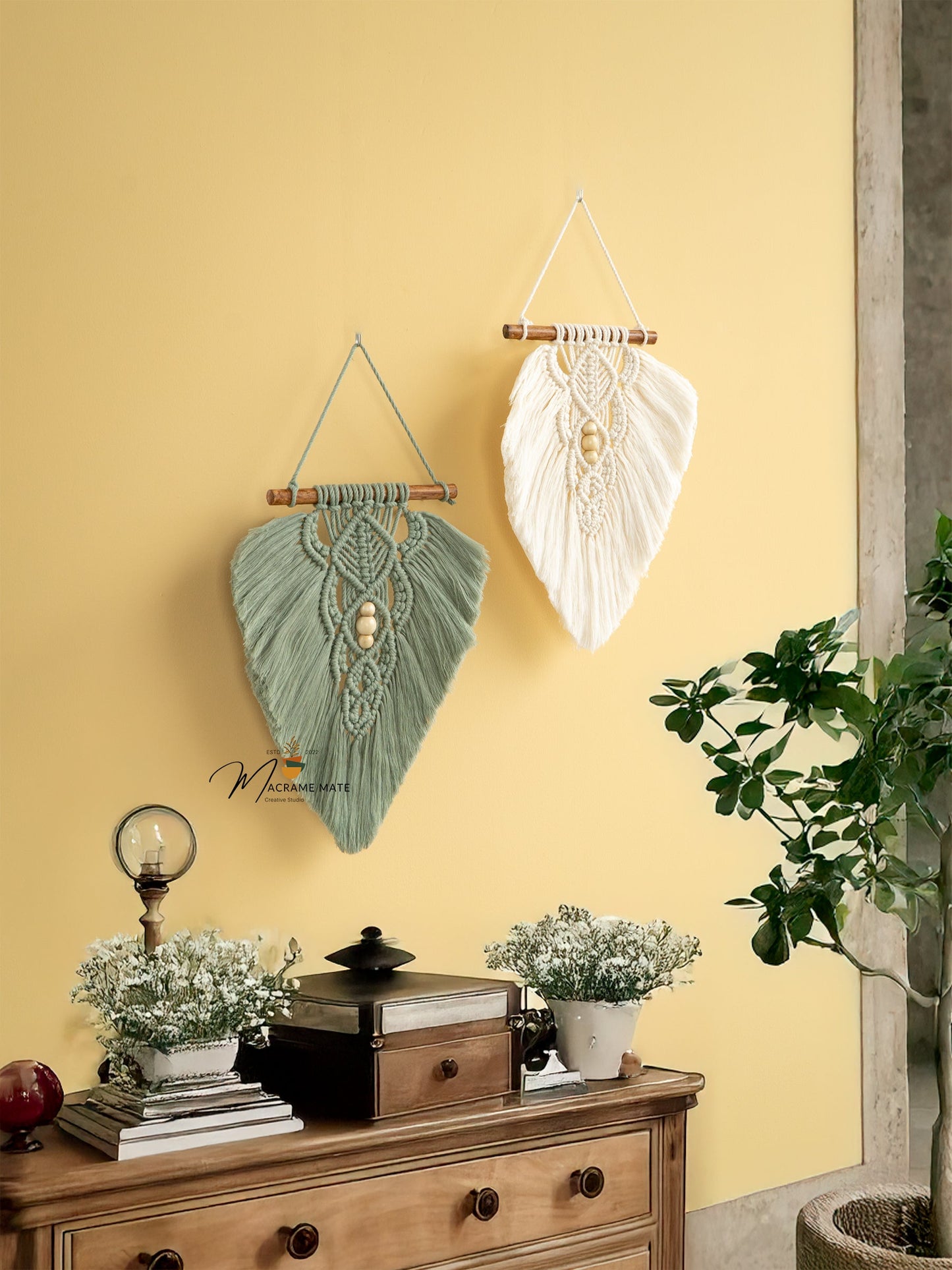 Rustic Green Natural Macrame Leaves