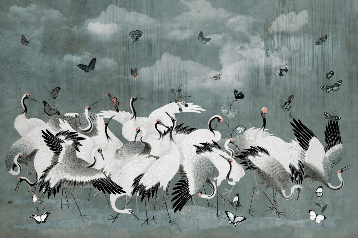 Livid Japanese Chinoiserie Cranes Wall Mural