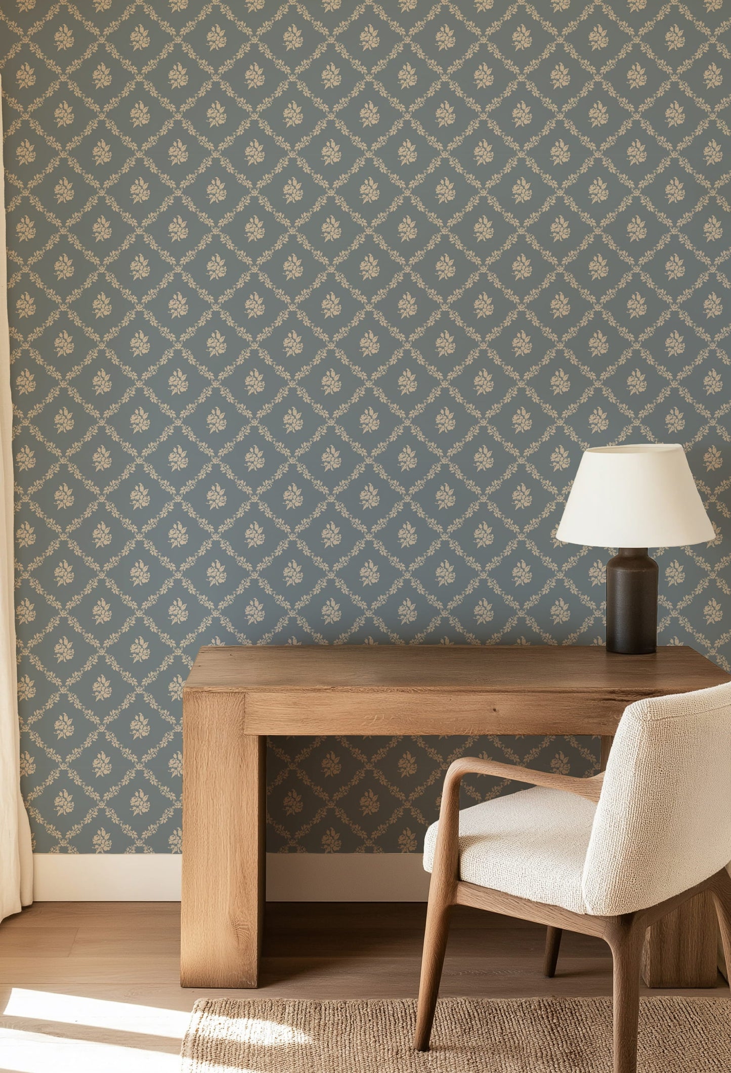 Della Blue Wallpaper | Vintage Floral Diamond Lattice