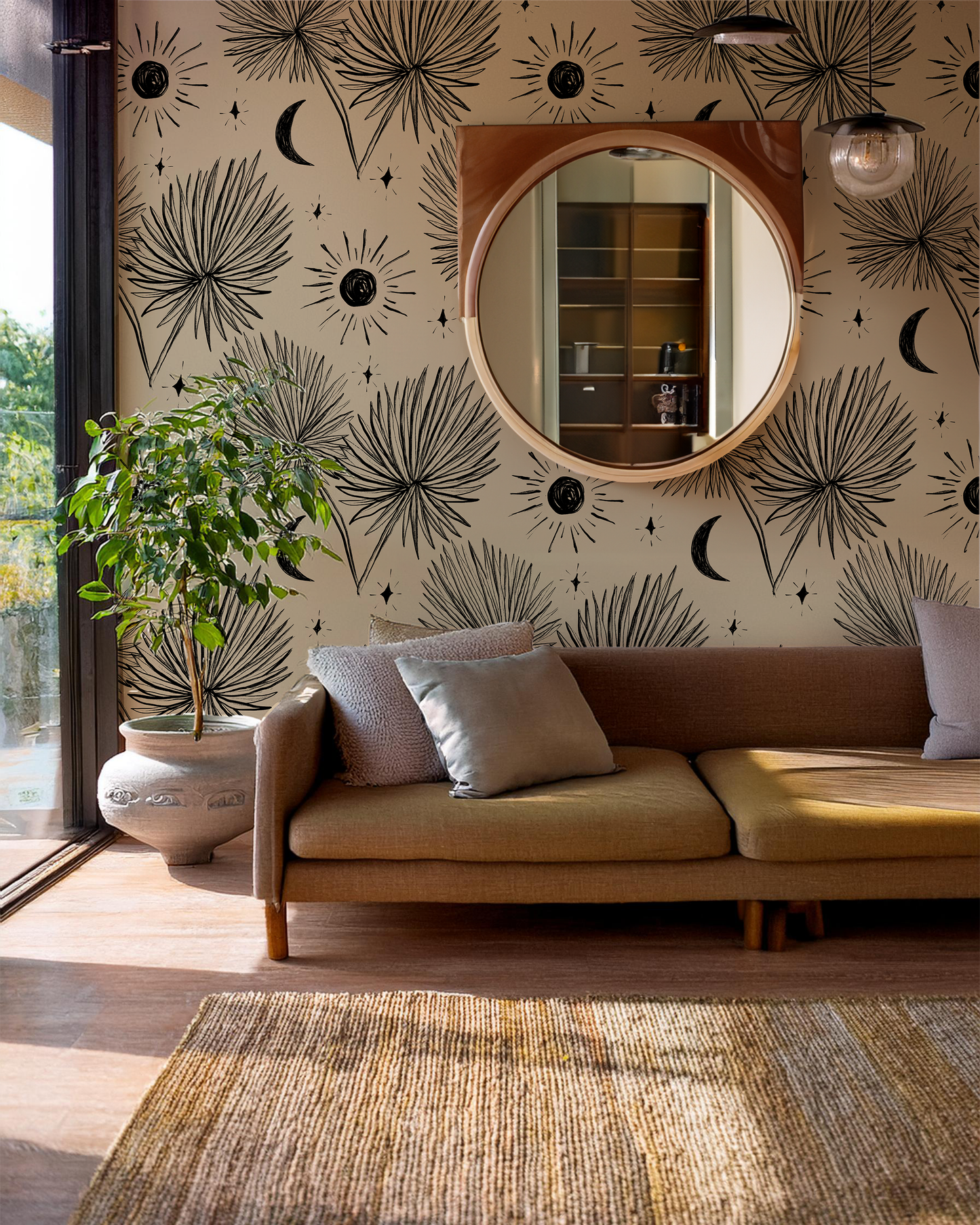 Night Palm Wallpaper, tan and black