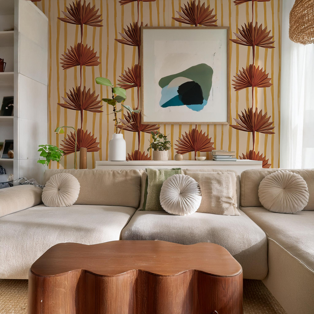 Stripey Palm Wallpaper, nude mustard and rust