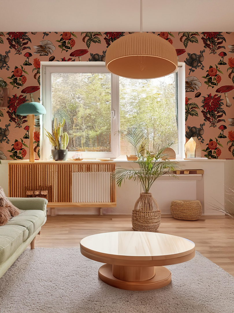 Mushrooms Wallpaper, peach and red
