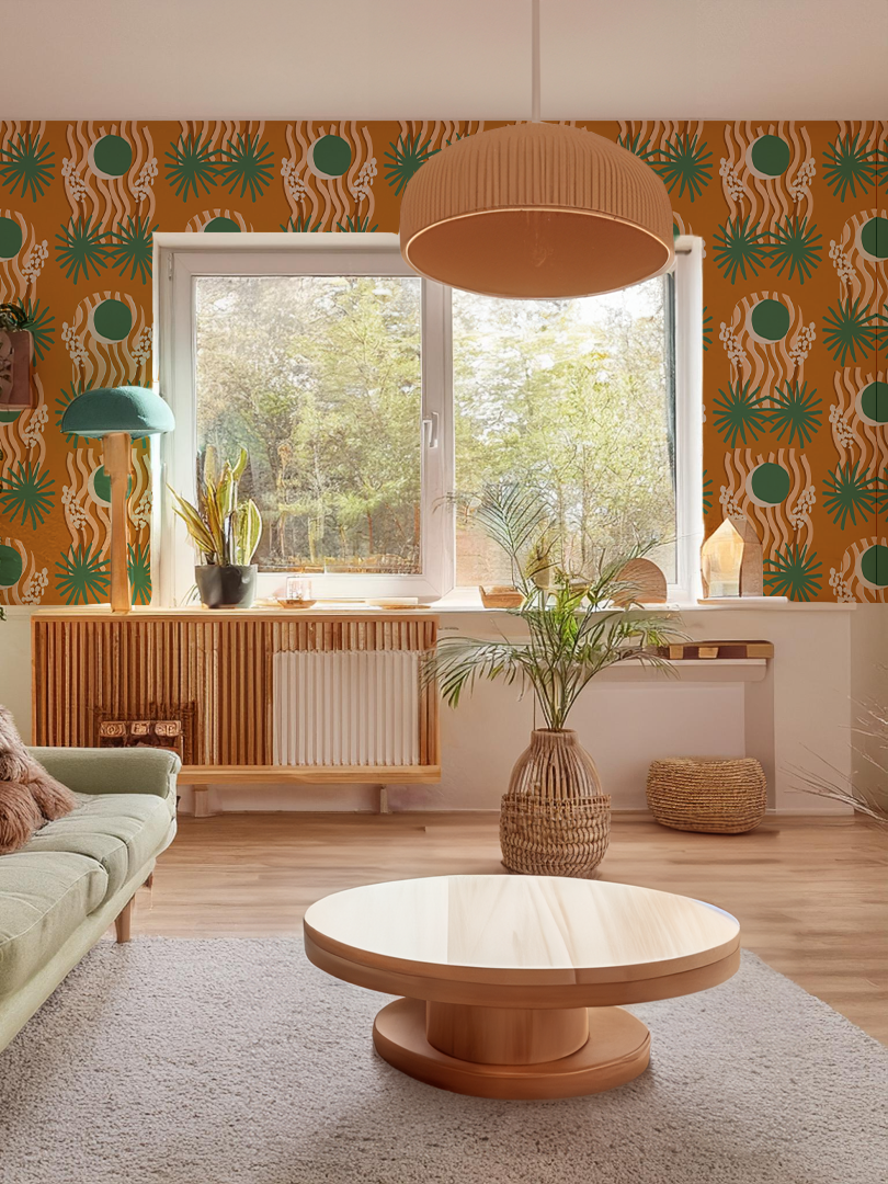 Yucca Moon Wallpaper, orange and green