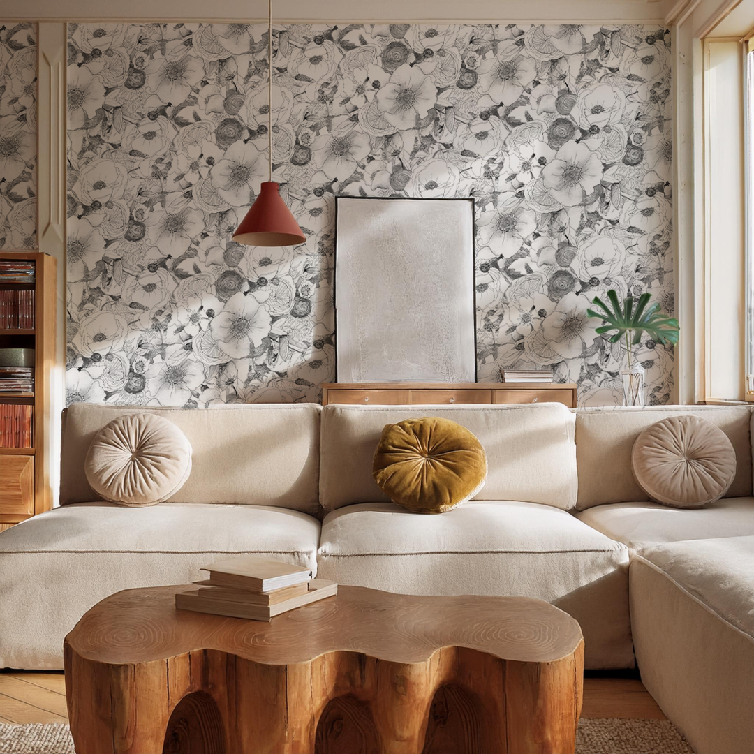 Floral Reverie Wallpaper, black and white