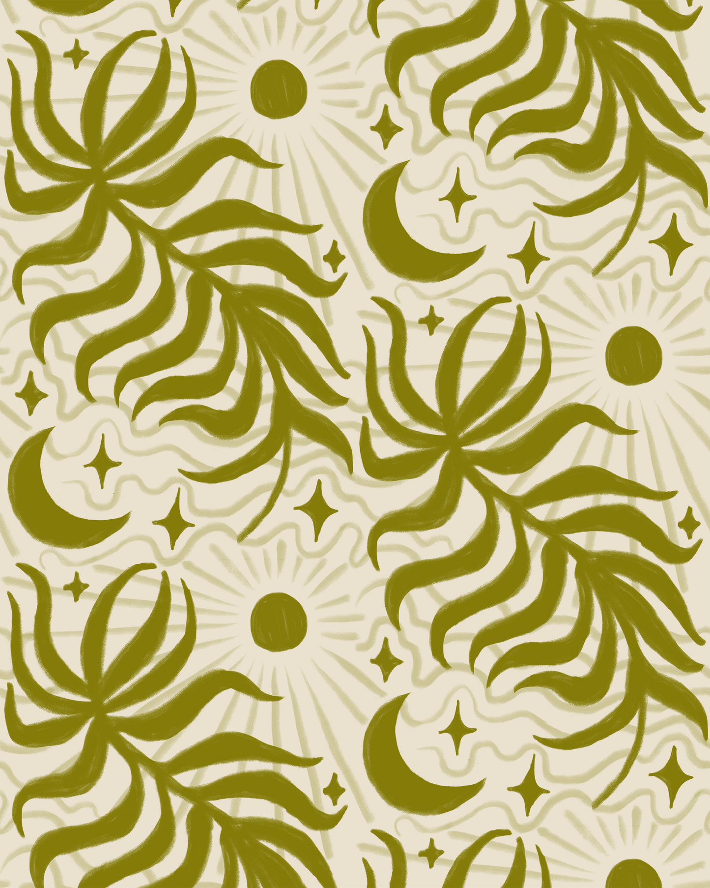 Lunar Leaf Wallpaper, beige and olive green