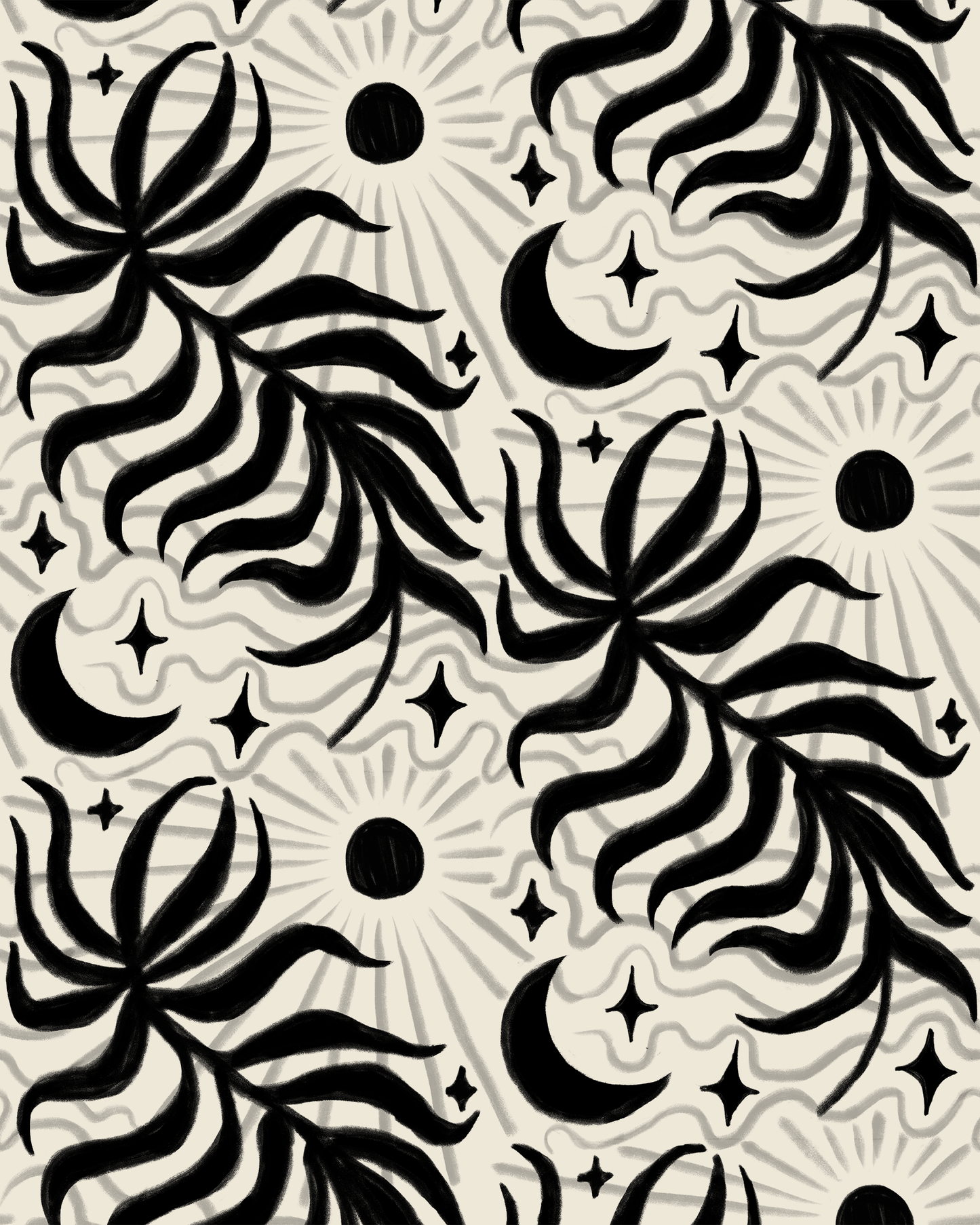 Lunar Leaf Wallpaper, beige and black