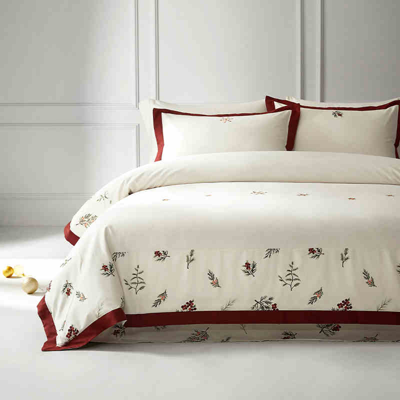 Luxury Christmas Floral Embroidery Cotton Duvet Cover Set