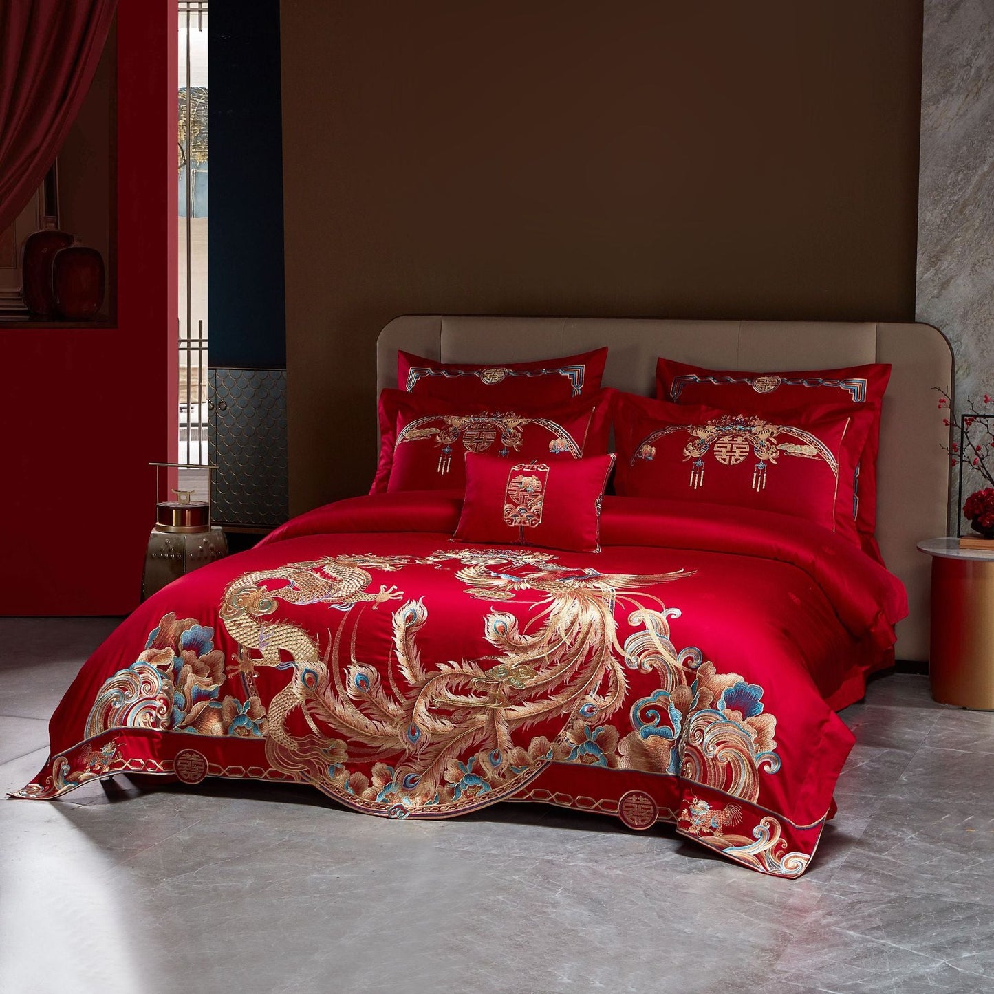 Luxury Embroidery Dragon & Phoenix Wedding Duvet Cover Set