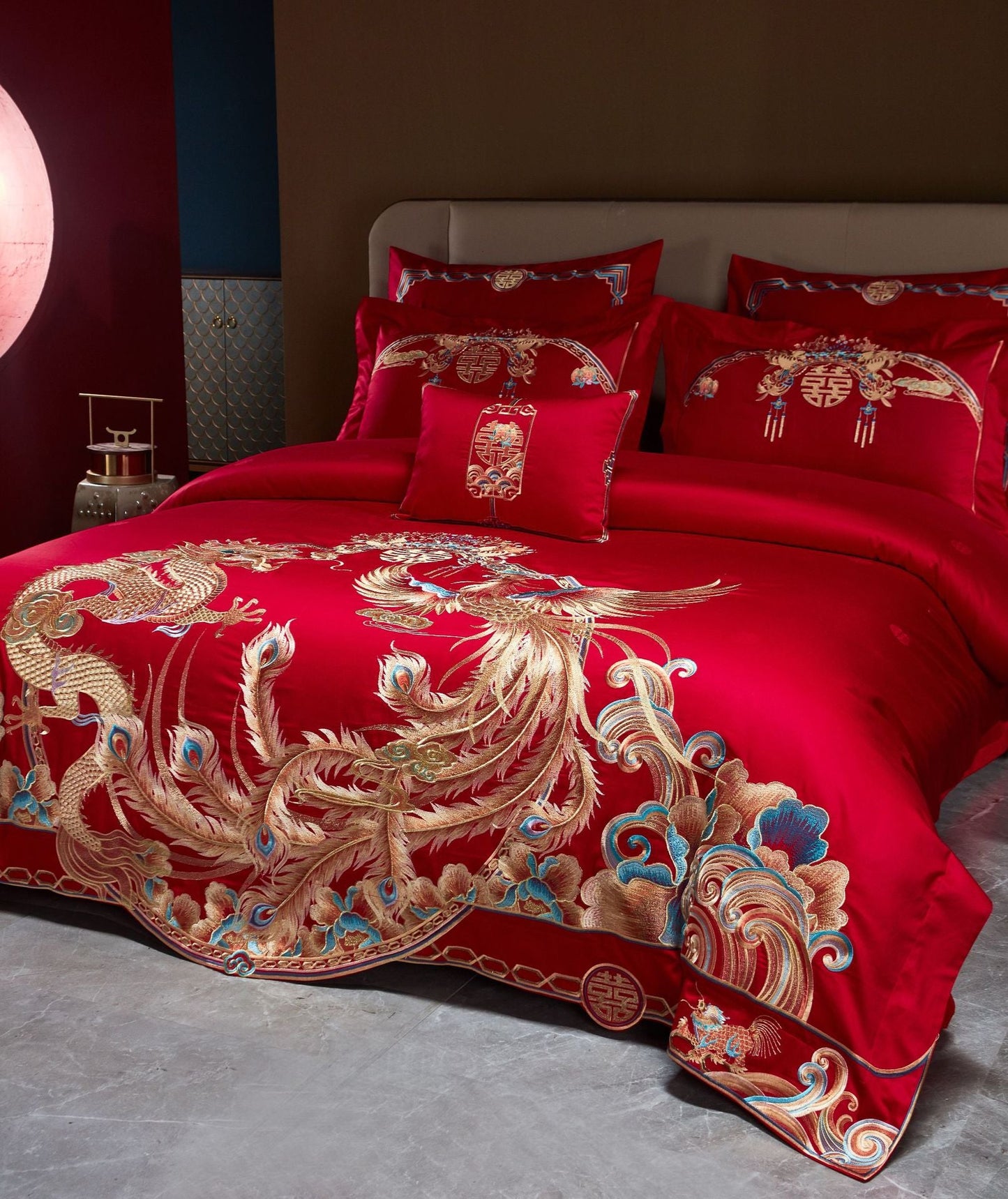 Luxury Embroidery Dragon & Phoenix Wedding Duvet Cover Set