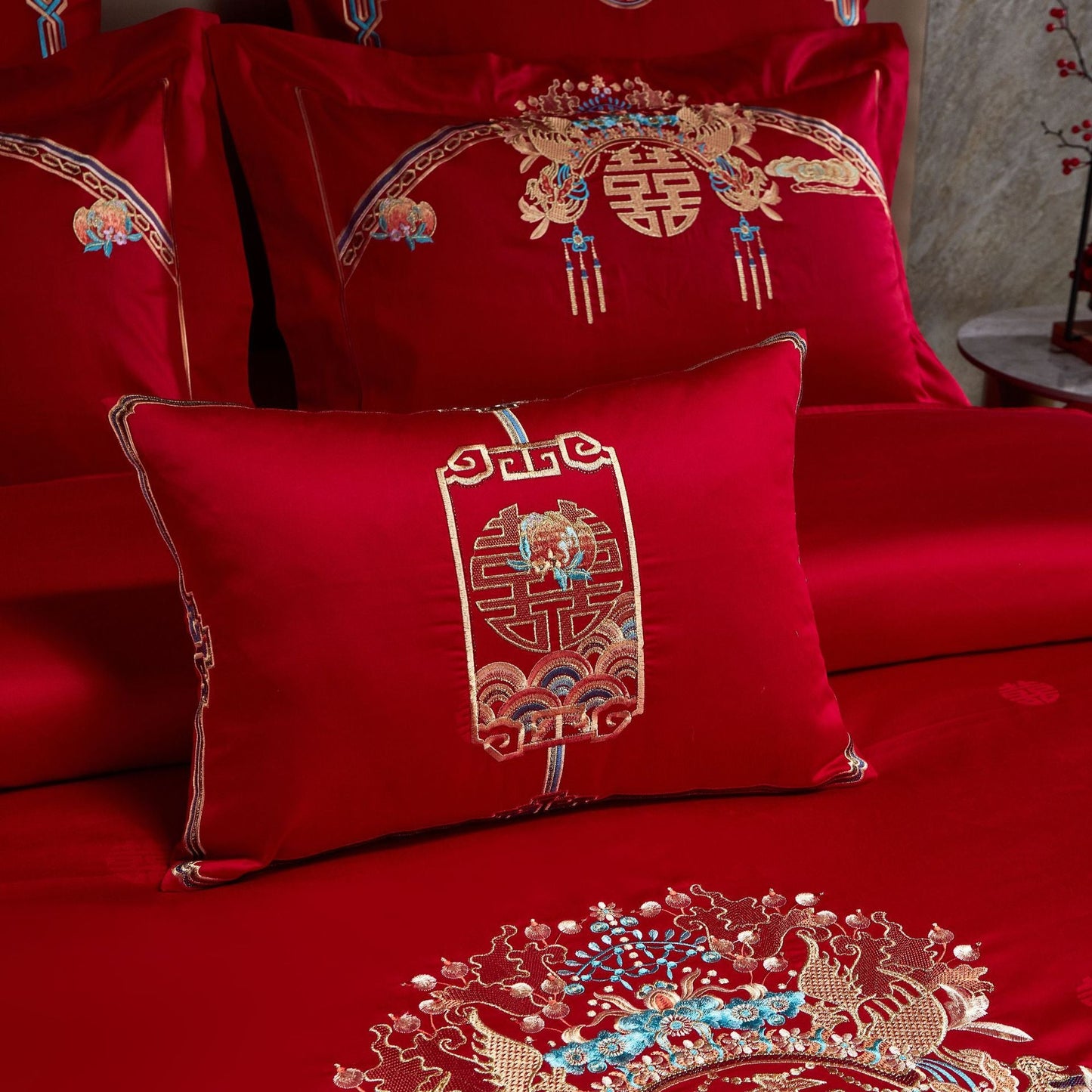 Luxury Embroidery Dragon & Phoenix Wedding Duvet Cover Set