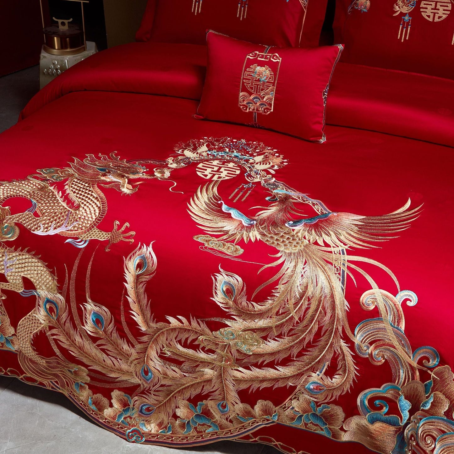 Luxury Embroidery Dragon & Phoenix Wedding Duvet Cover Set