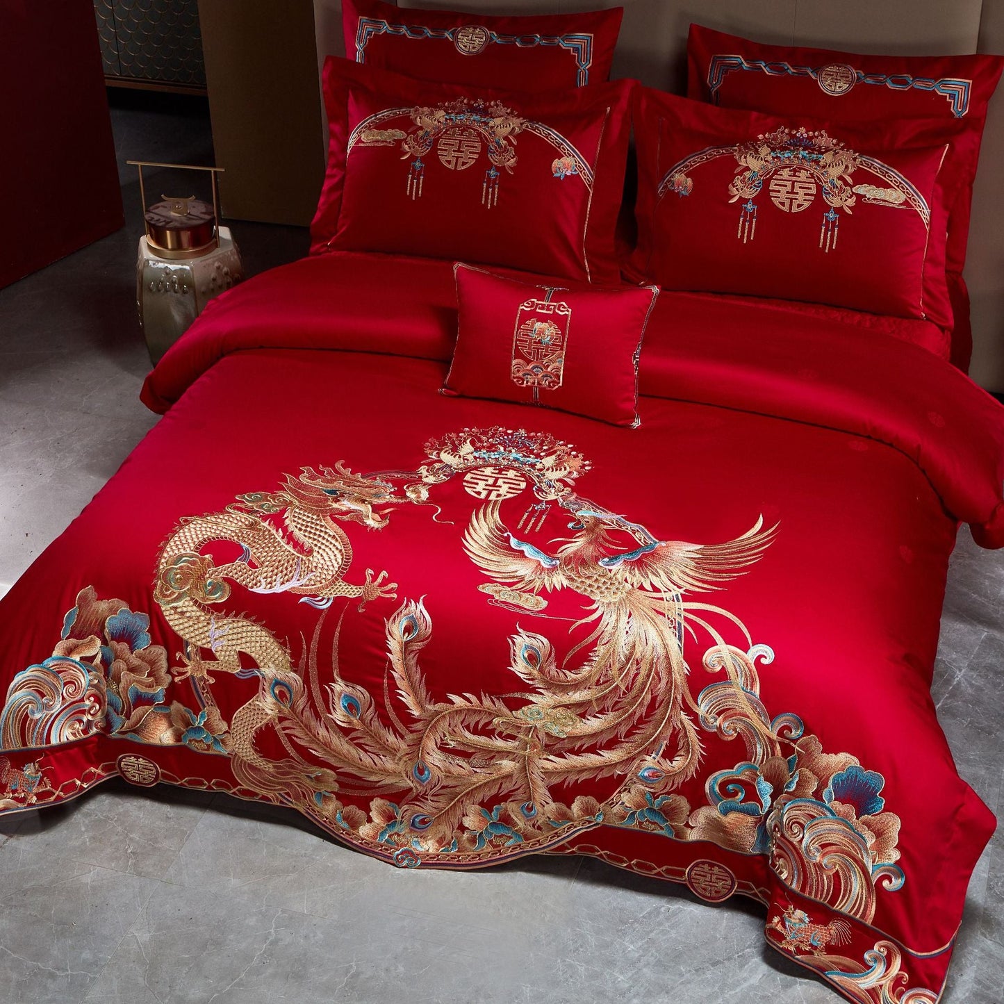 Luxury Embroidery Dragon & Phoenix Wedding Duvet Cover Set