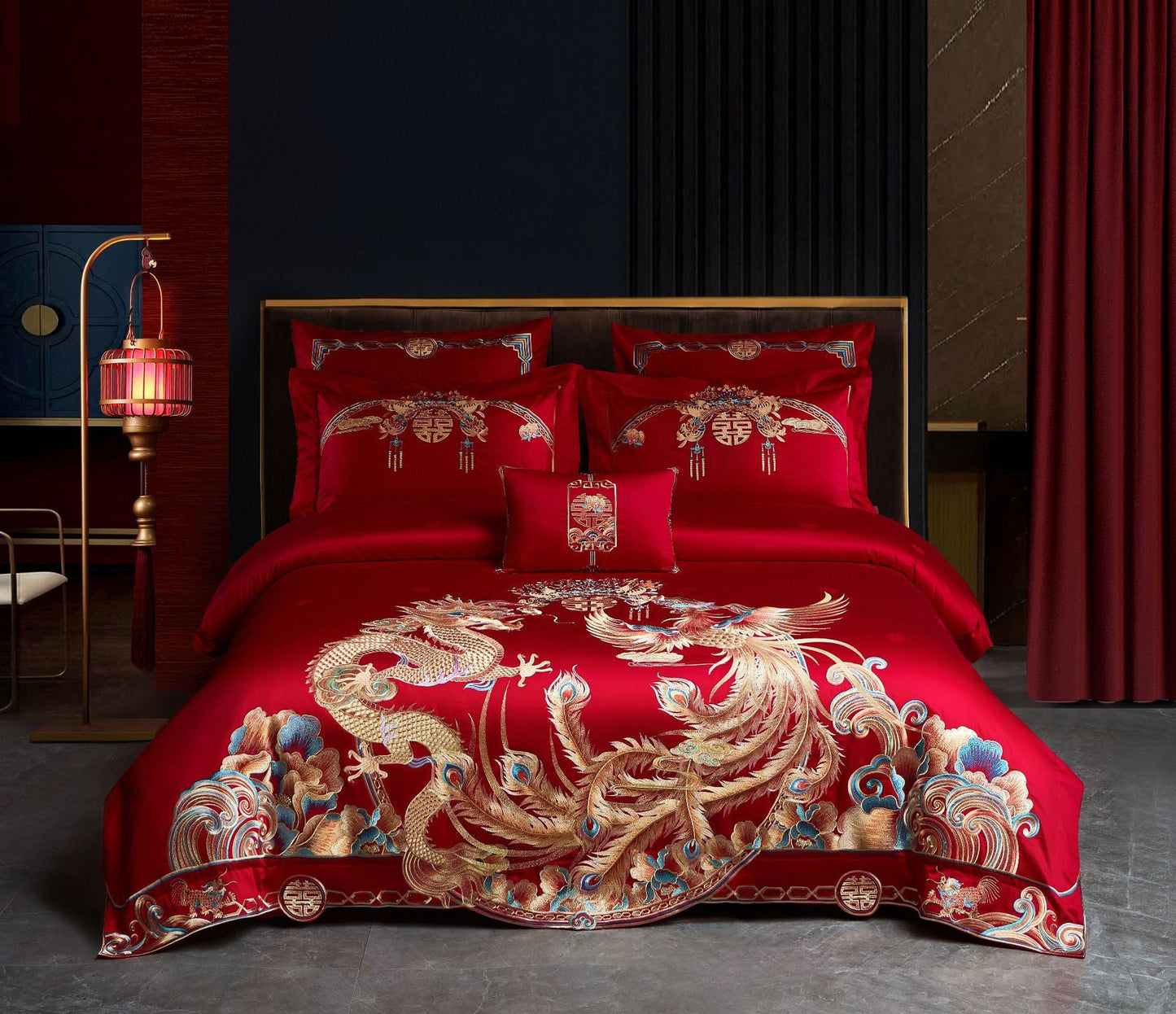 Luxury Embroidery Dragon & Phoenix Wedding Duvet Cover Set