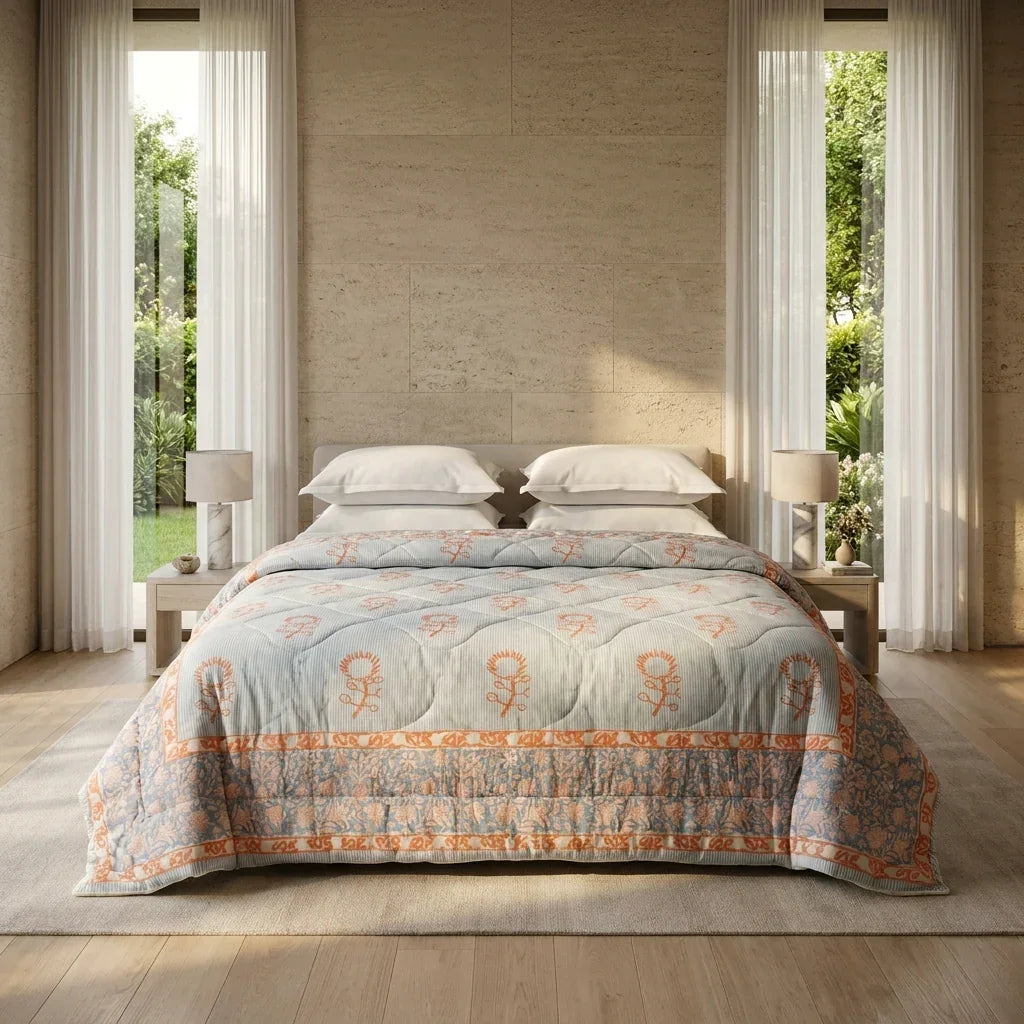 Cream & Golden Yellow Olive Floral Jaipur Indian Hand Block Print Quilted Comforter