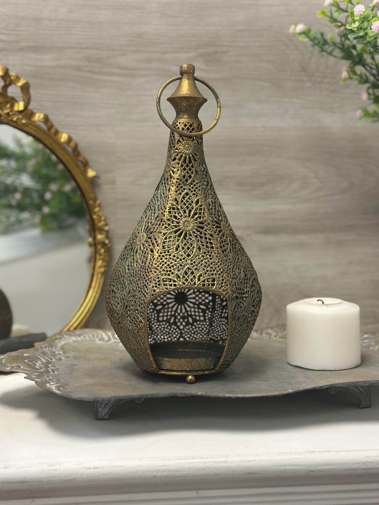 Vintage Brass Teardrop Lantern with Floral Filigree