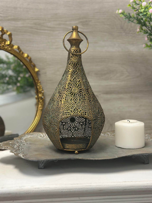 Vintage Brass Teardrop Lantern with Floral Filigree