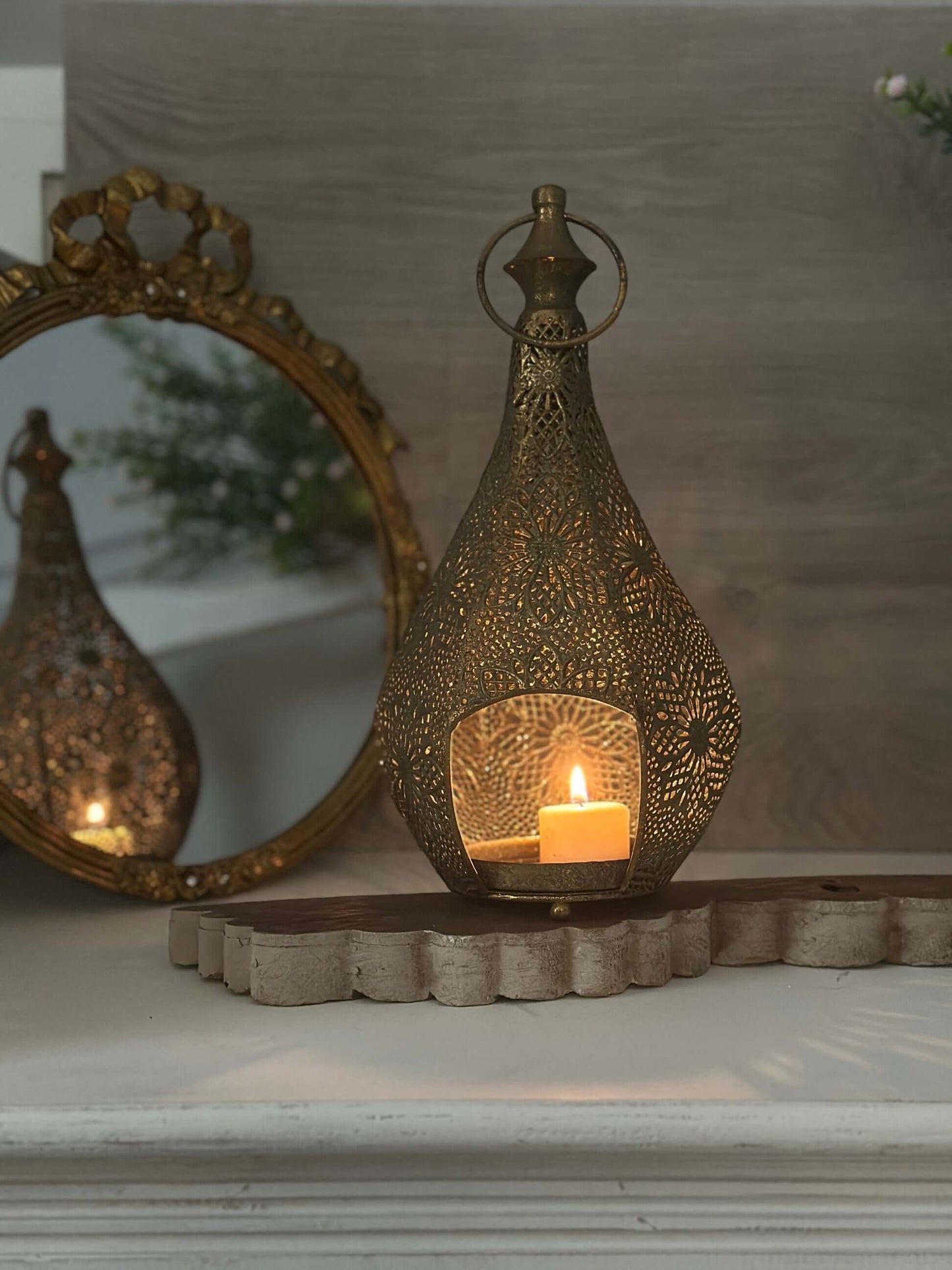 Vintage Brass Teardrop Lantern with Floral Filigree