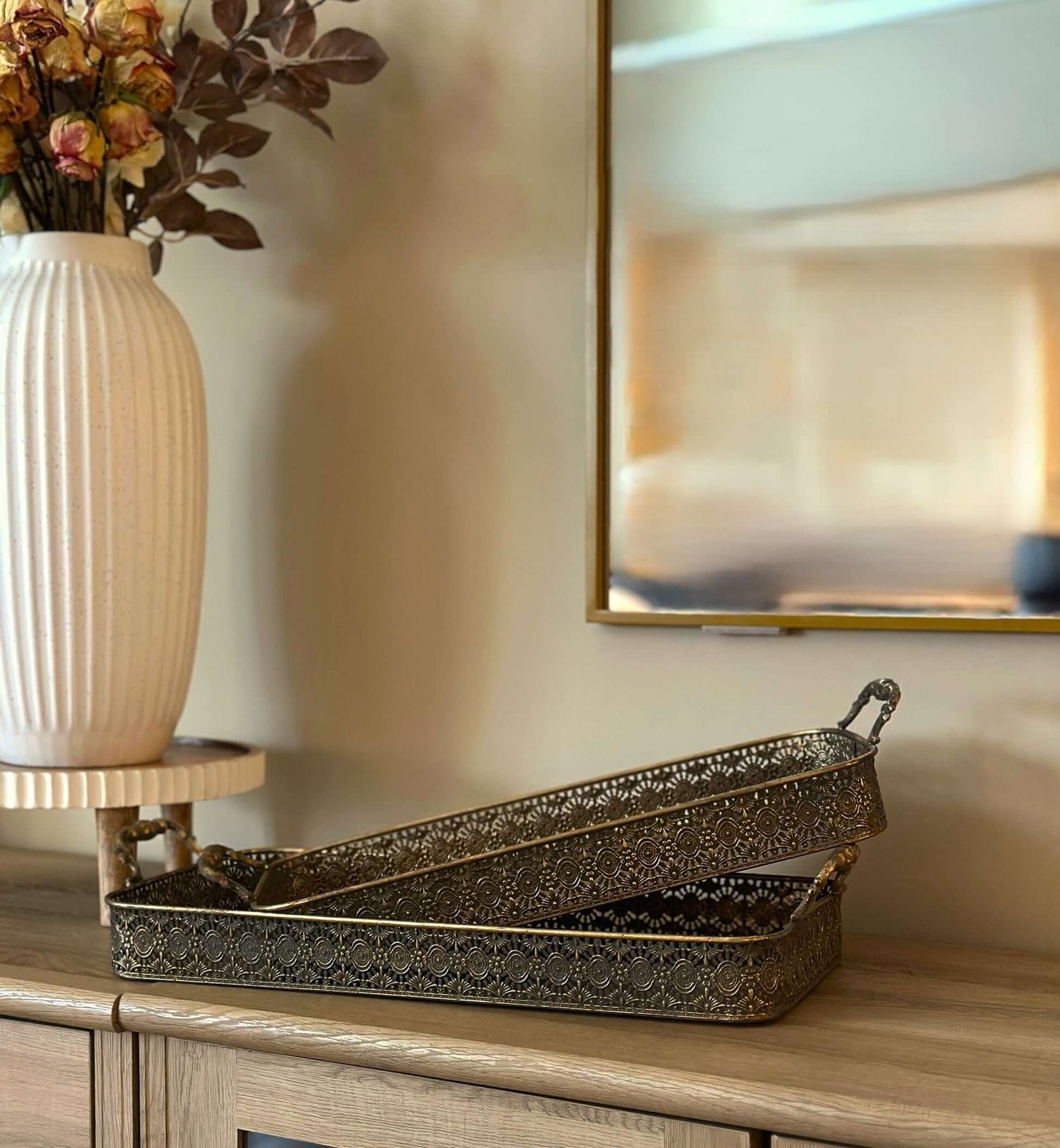 Antique Brass Filigree Serving Tray Set