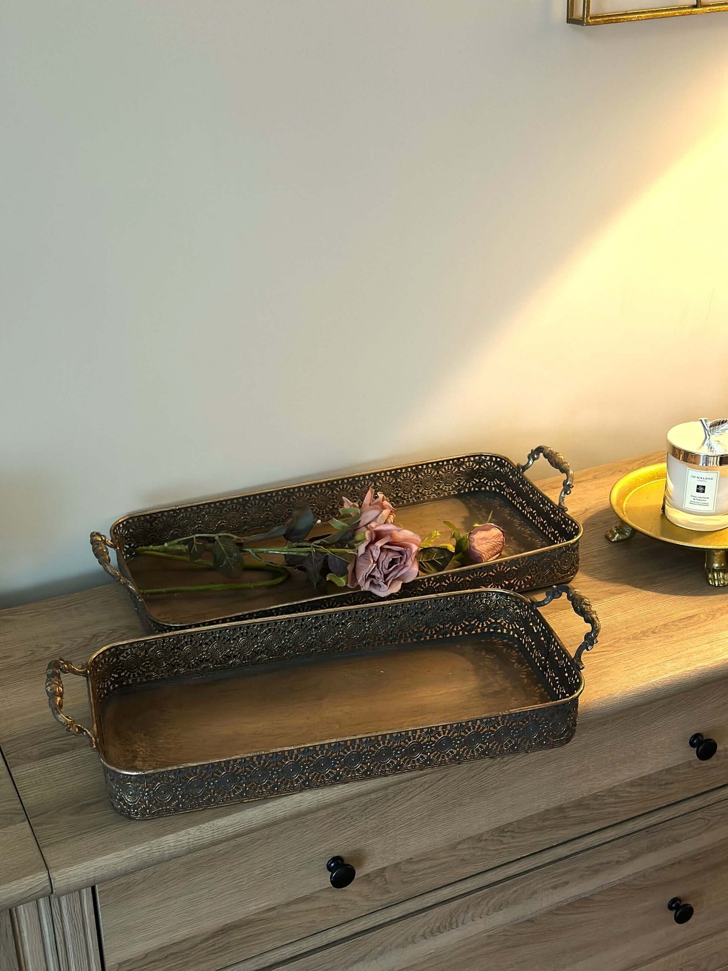 Antique Brass Filigree Serving Tray Set