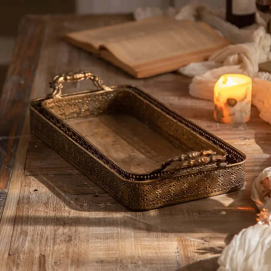 Antique Brass Filigree Serving Tray Set