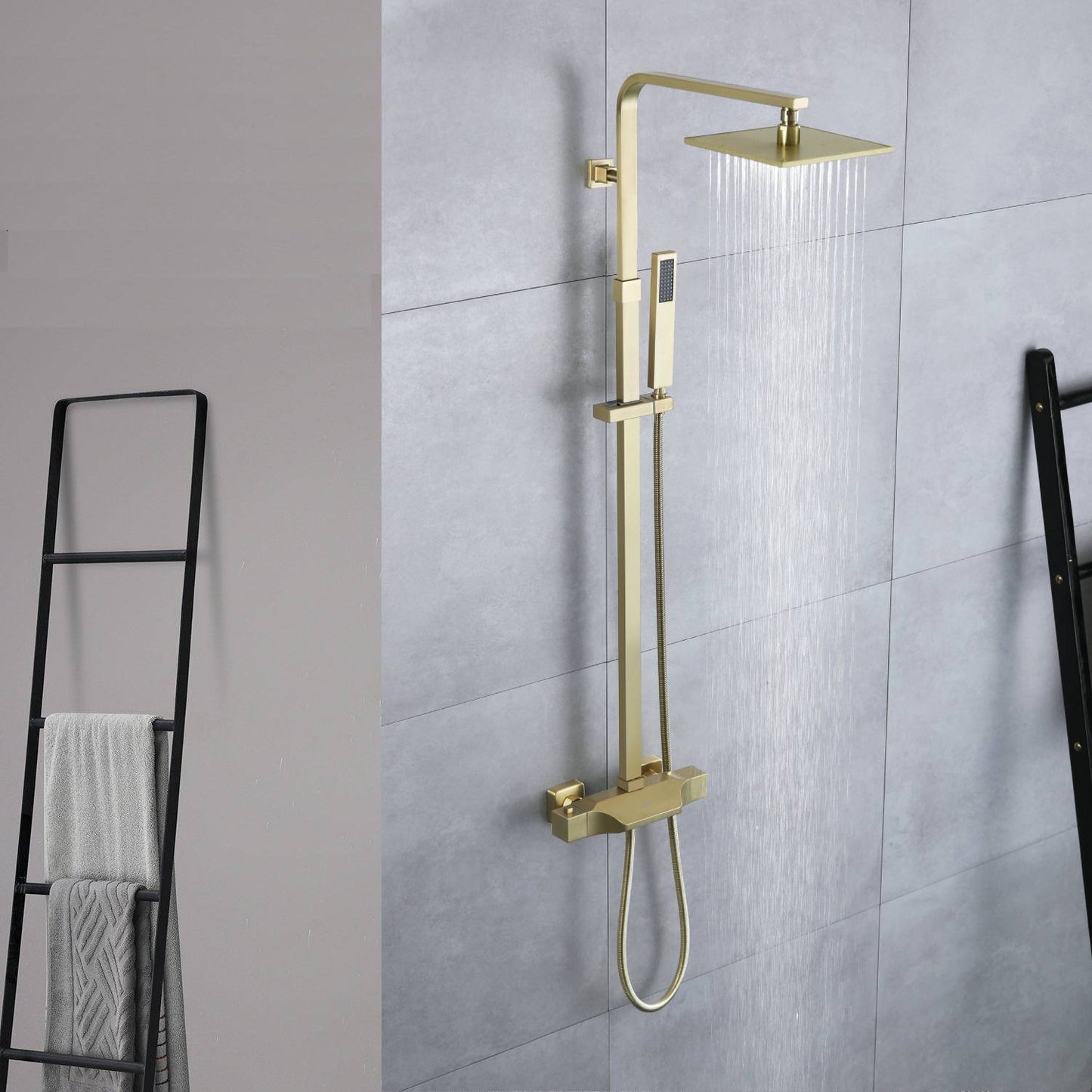 Luxurious Brushed Gold Or Matte black Wall-Mounted Thermostatic Rain Exposed Shower Set with Tub Spout