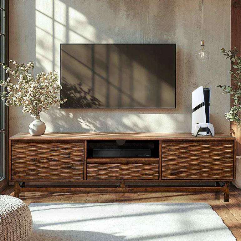 Acacia Elara Solid Wood TV Stand with Storage and Cable Management for TVs up to 80"