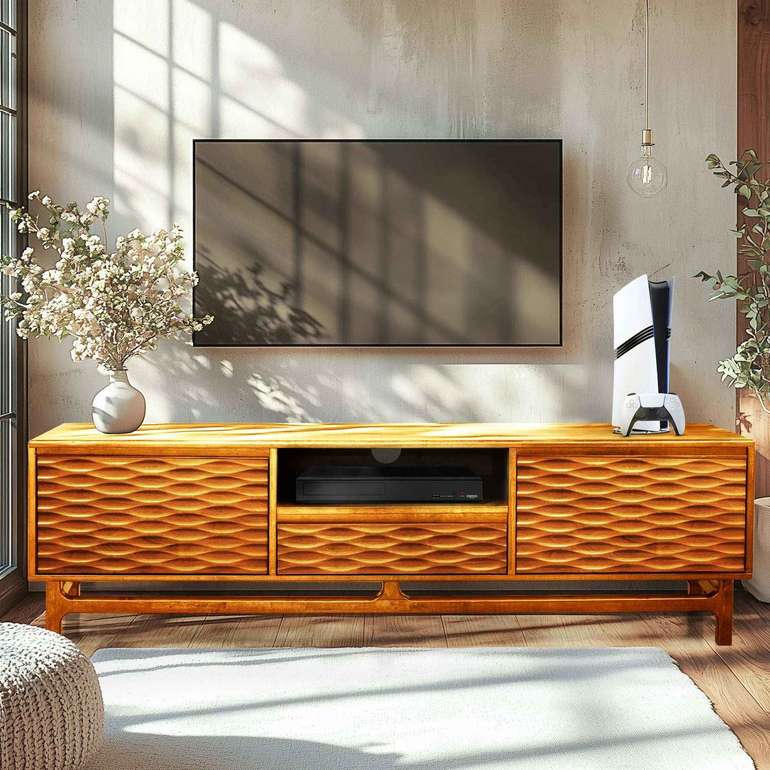Acacia Elara Solid Wood TV Stand with Storage and Cable Management for TVs up to 80"