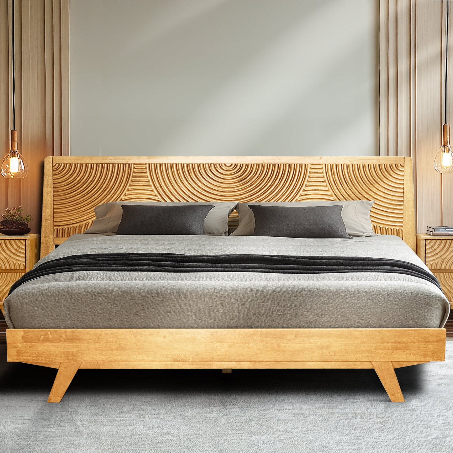 Acacia Harmony Solid Wood Platform Bed Frame with Headboard