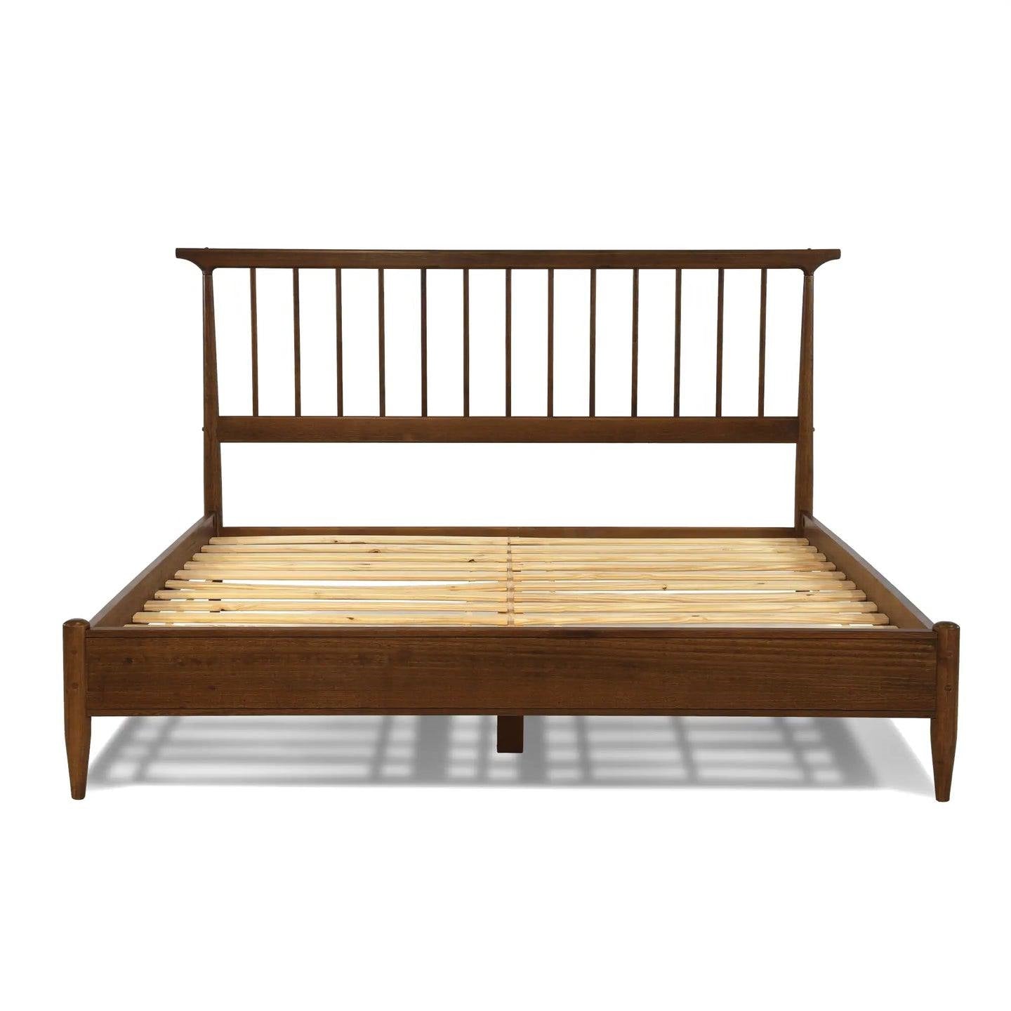 King Size Hardwood Mid Century Platform Bed Frame with Headboard in Walnut