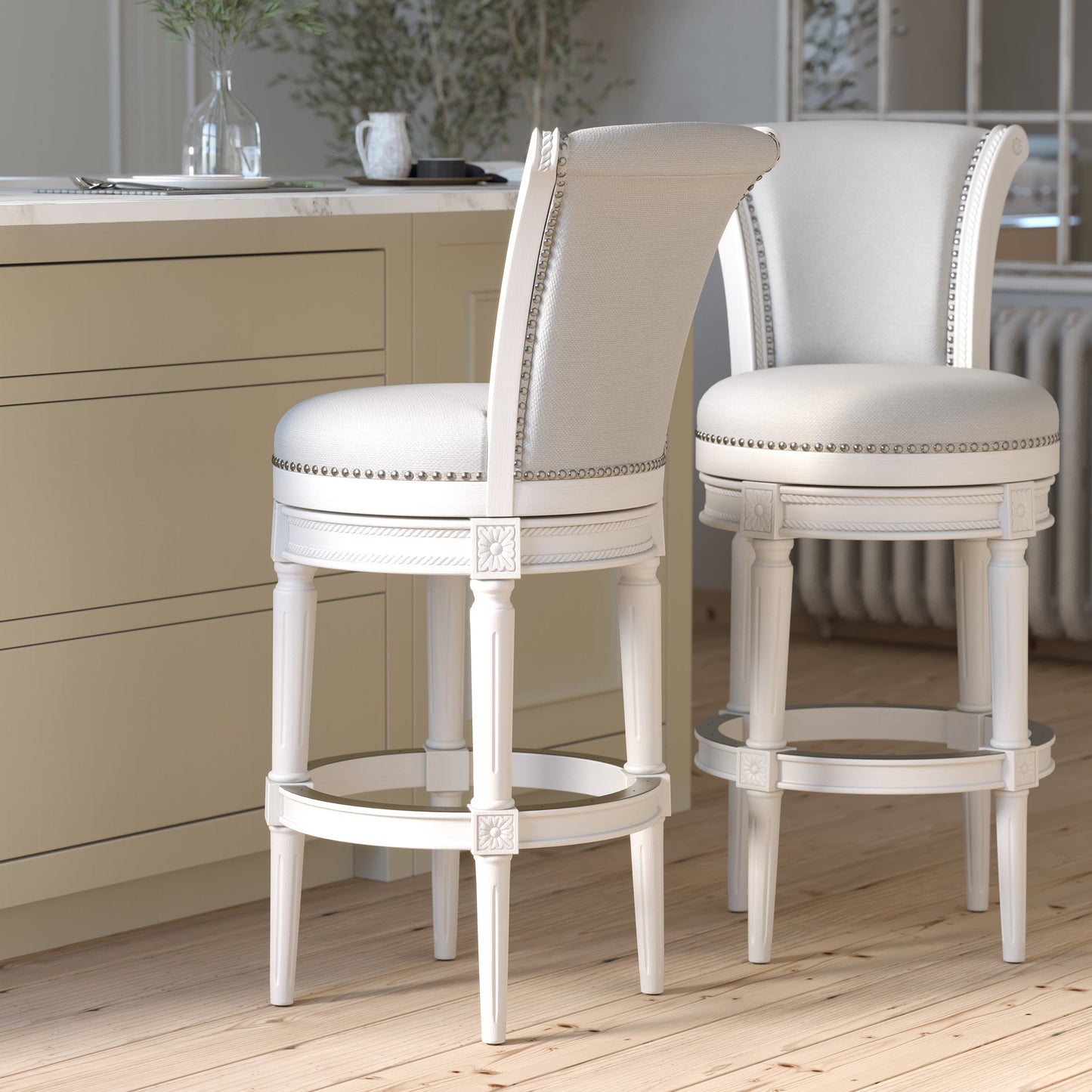 Charlotte Swivel Barstool in White with Grey Fabric in a modern kitchen setting, showcasing its elegant design.