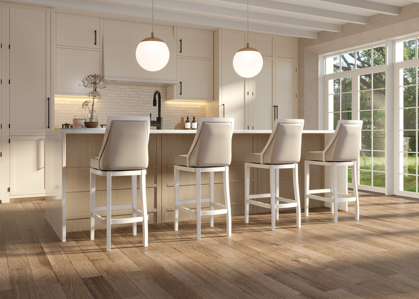 Raleigh Swivel Barstool In White placed at a modern kitchen island with natural lighting.