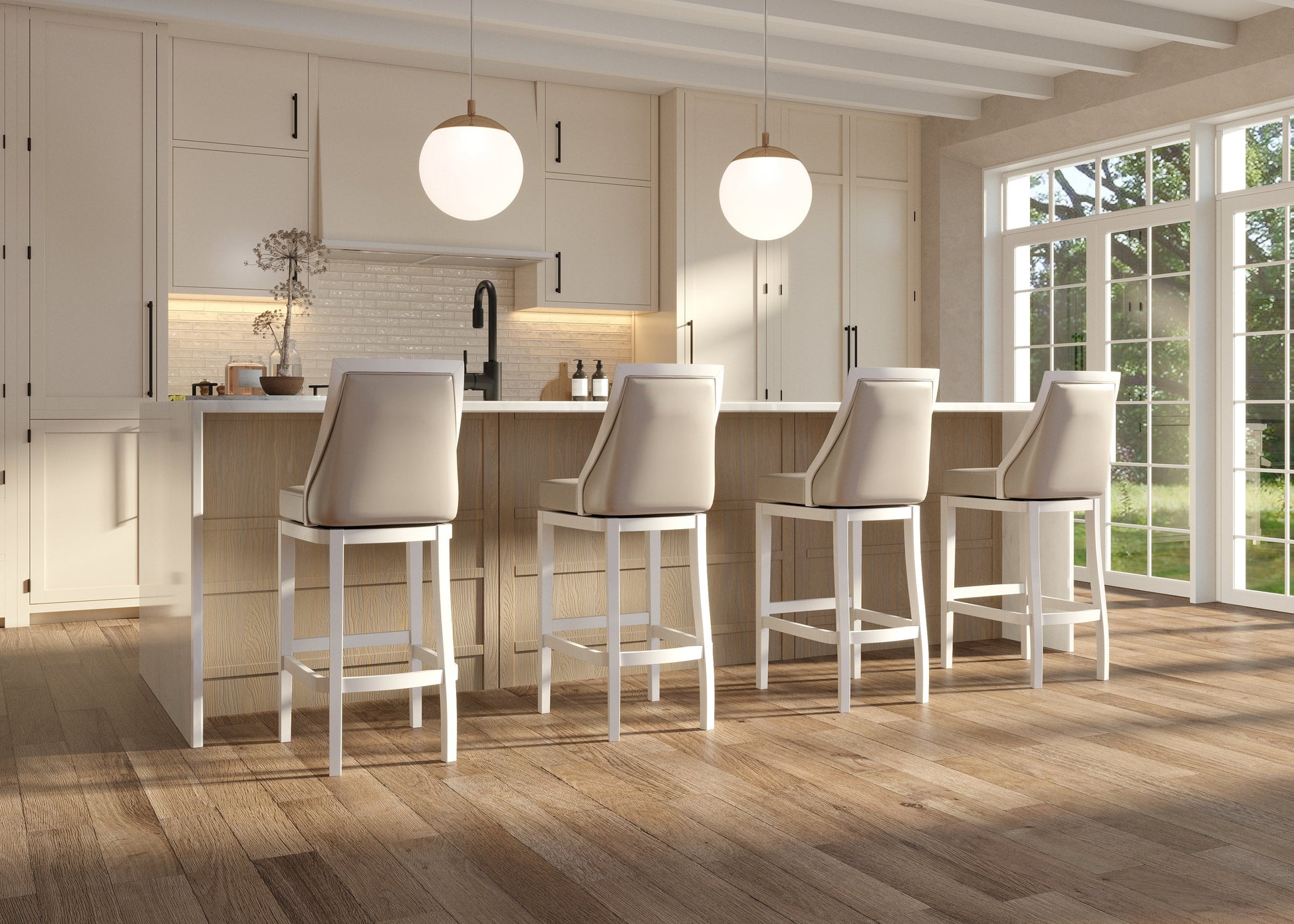 Raleigh Swivel Barstool In White placed at a modern kitchen island with natural lighting.