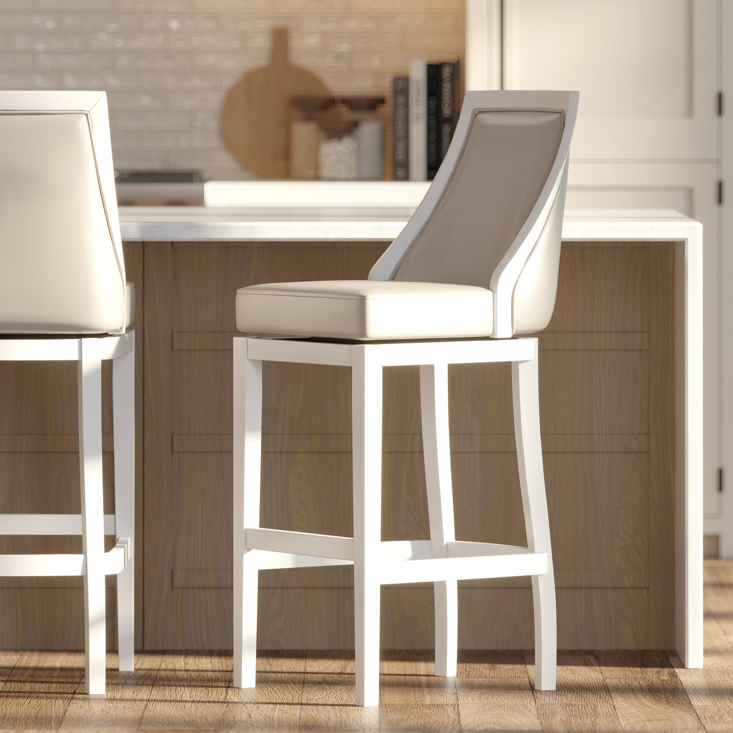Raleigh Swivel Barstool In White featured with high-back faux leather seat and solid wood frame.