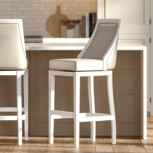 Raleigh Swivel Barstool In White featured with high-back faux leather seat and solid wood frame.