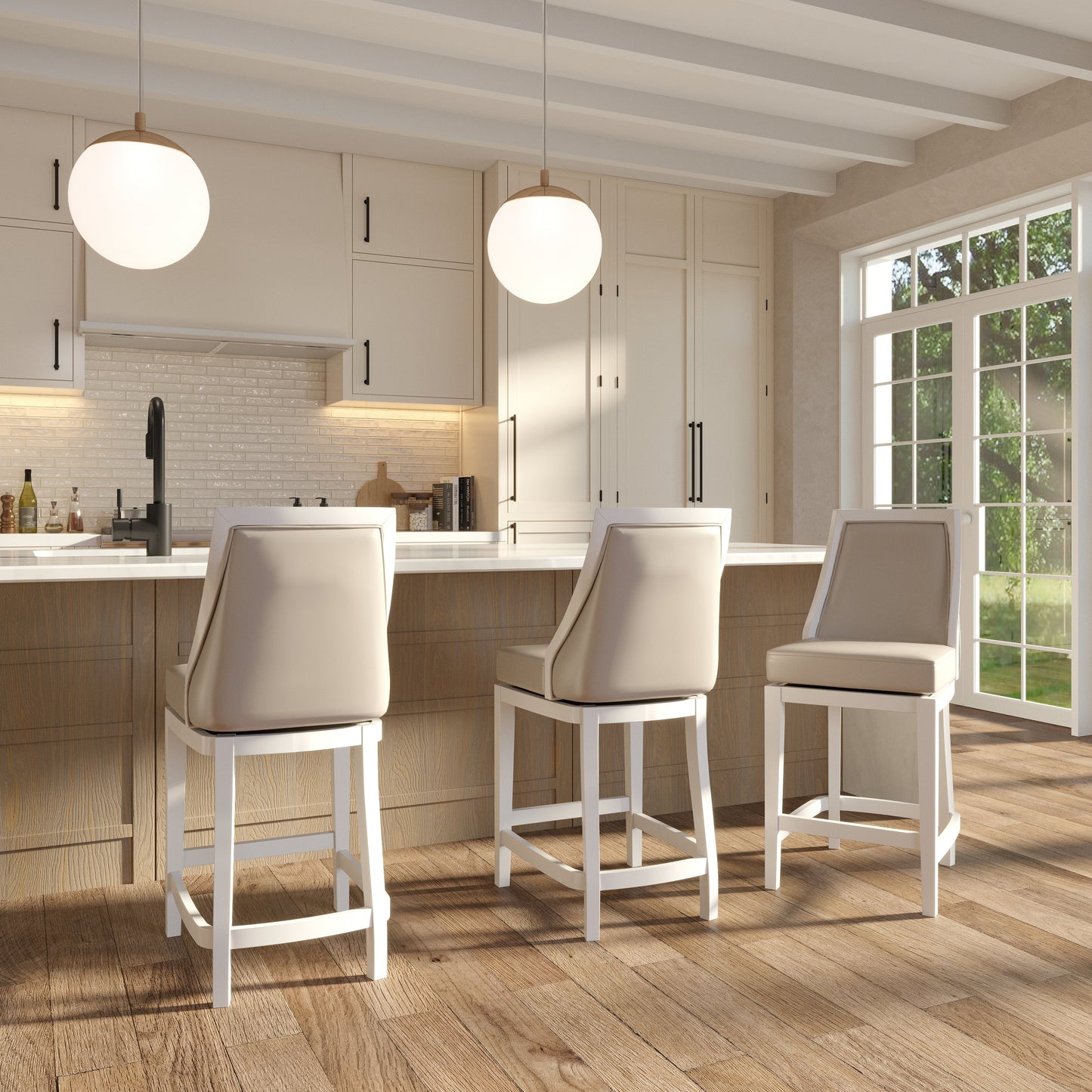 Raleigh Swivel Barstool In White featured in a modern kitchen with beige seating and a stylish high-end design.