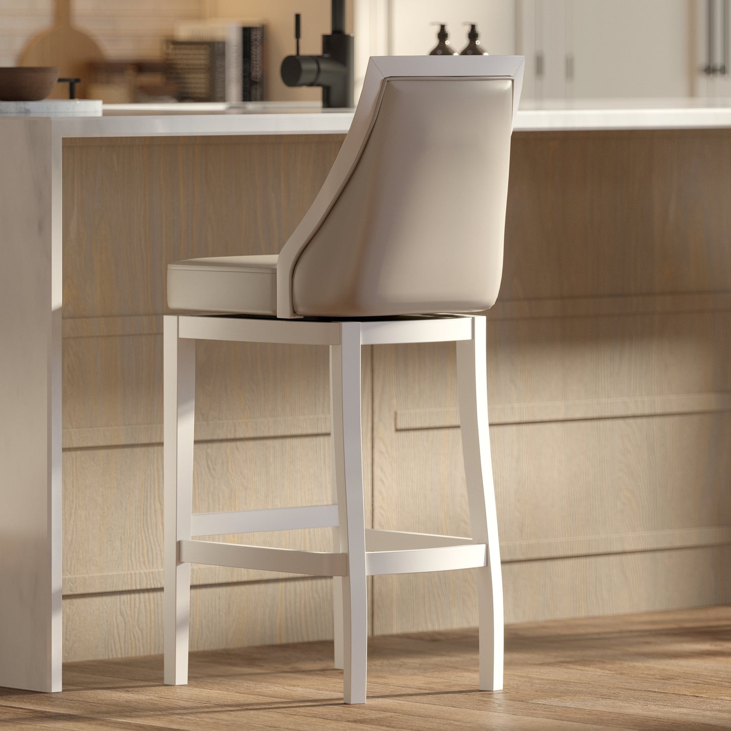 Raleigh Swivel Barstool In White featuring a high-back faux leather seat and a solid wood frame with metal trim footrest.