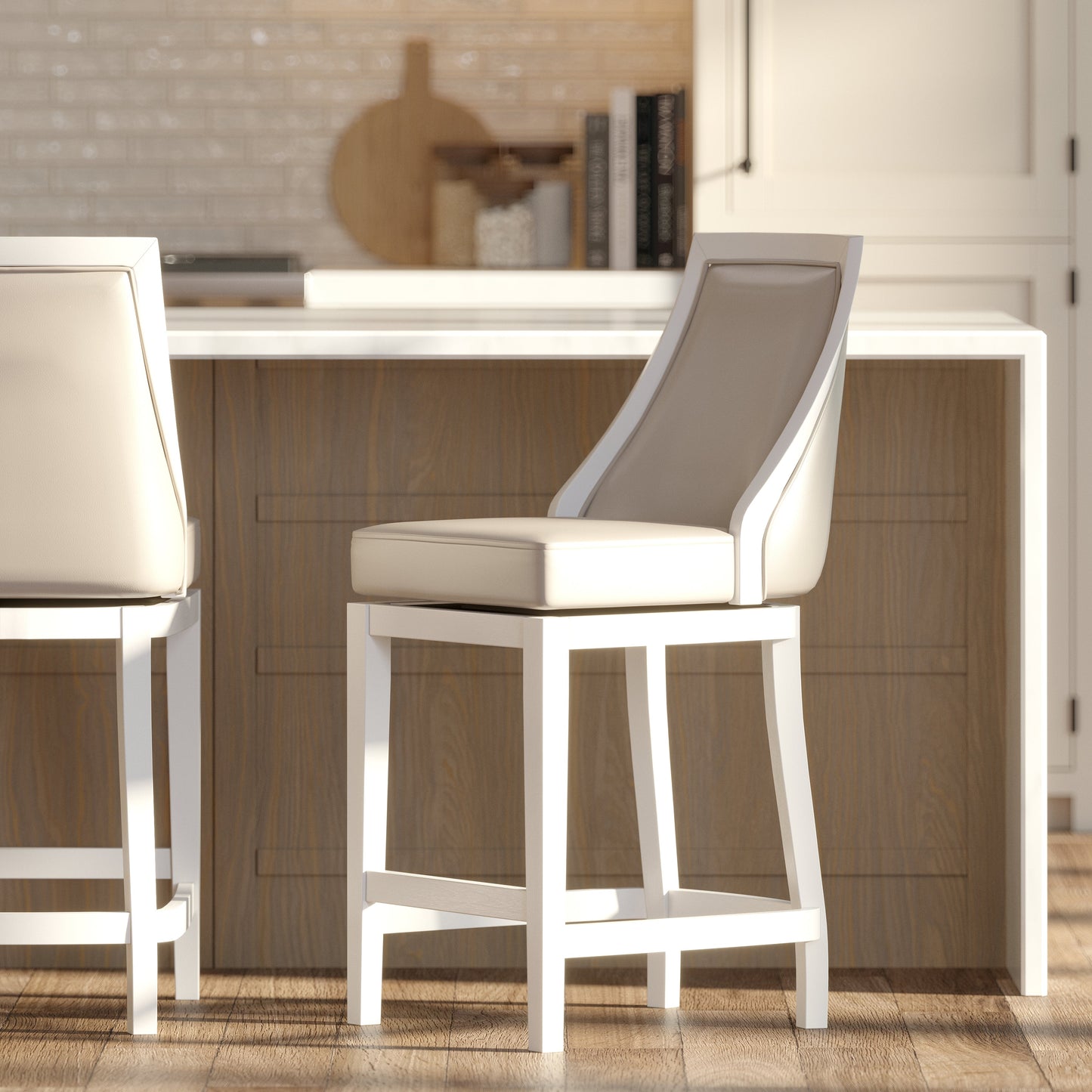 Raleigh Swivel Barstool In White with faux leather seat and wood frame at a modern kitchen island.