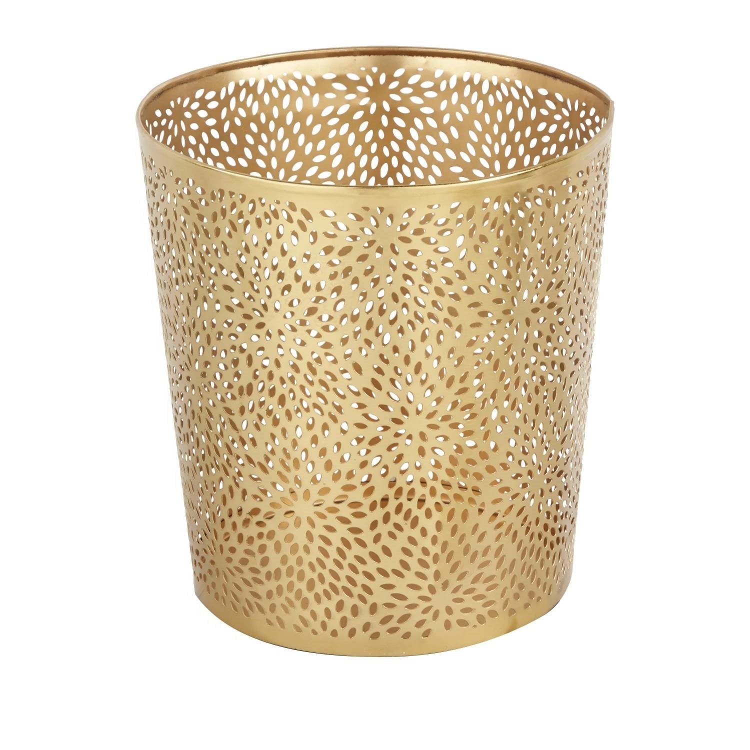 Gold decorative wastebasket with intricate patterns on a white background