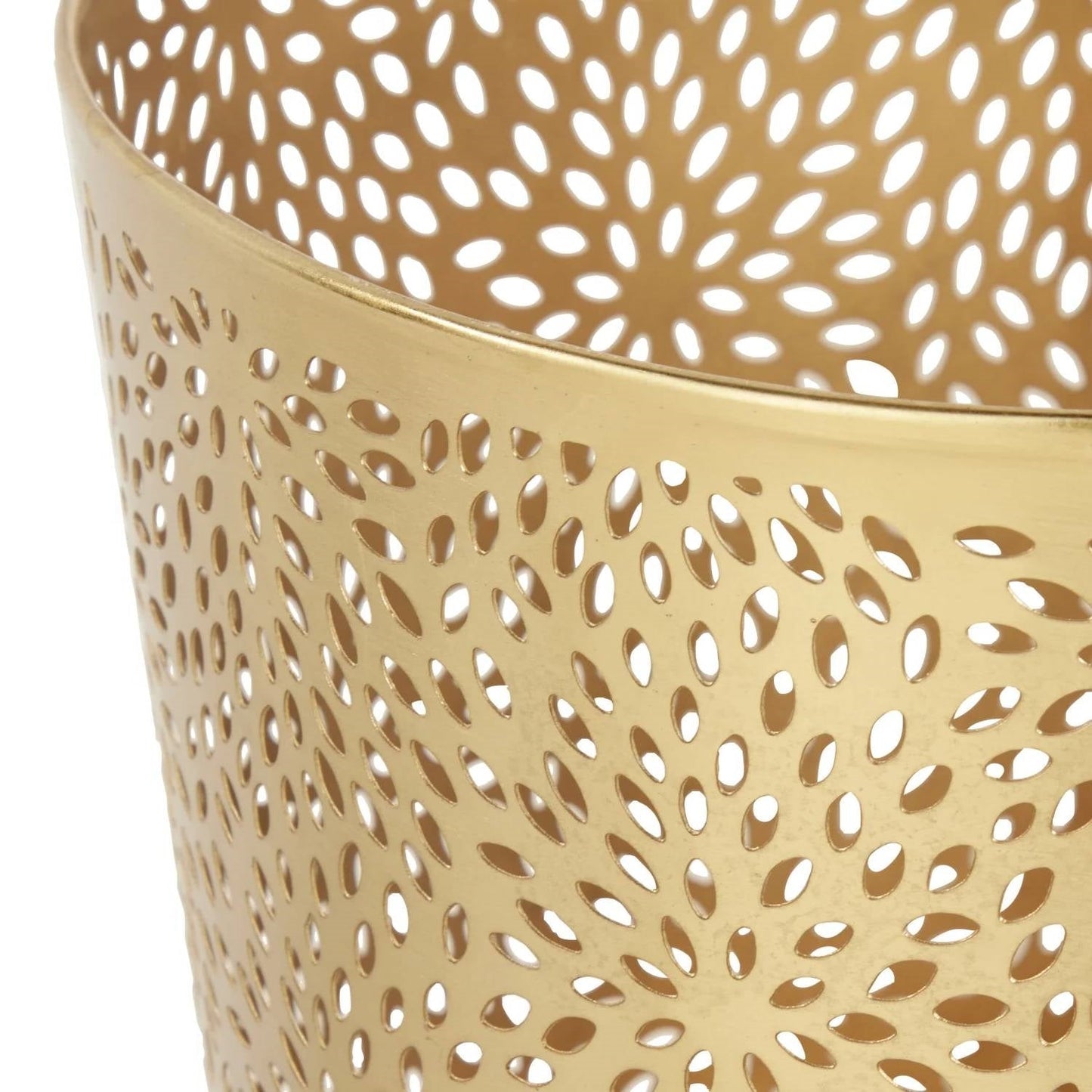 Gold metal container with a perforated design on a white background