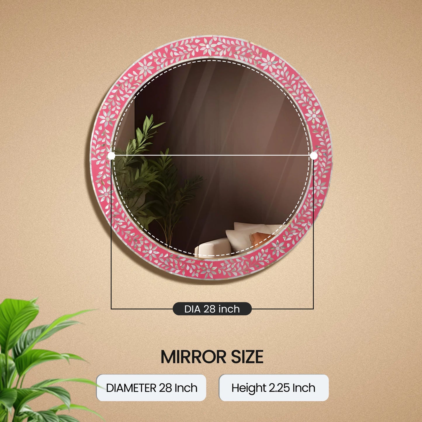 Wall Mirror Round Mother of Pearl & Resin Inlay Wall Hanging Mirror Frame, 28" Dia