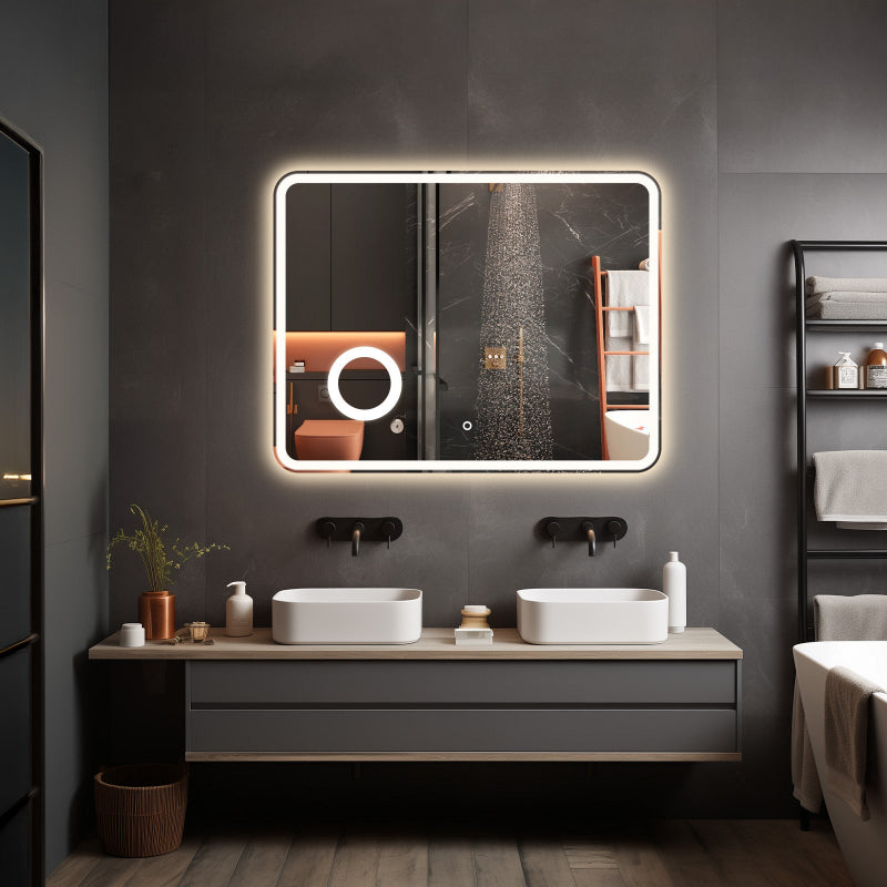 Crater LED Bathroom Mirror, Front Backlight, Touch Switch, 3x Magnifying Glass, Tri-color Dimmable, 5mm Tempered Glass, Anti-fog, Horizontal Wall Mount Only